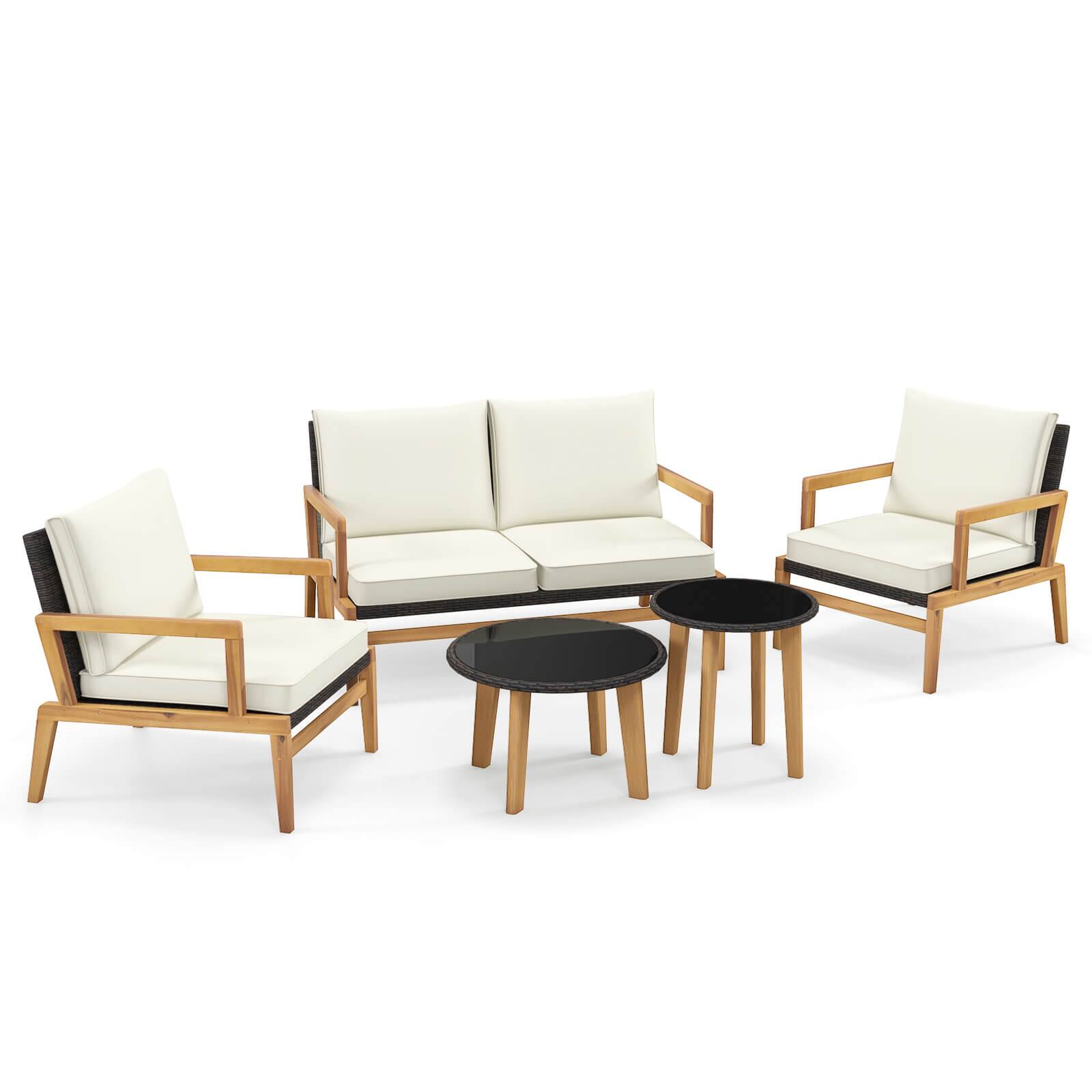 Gymax - 5 Piece Rattan Furniture Set w/ Wicker Woven Sofa Set & Solid Acacia Wood Frame - Off White price history on PriceWatchPro