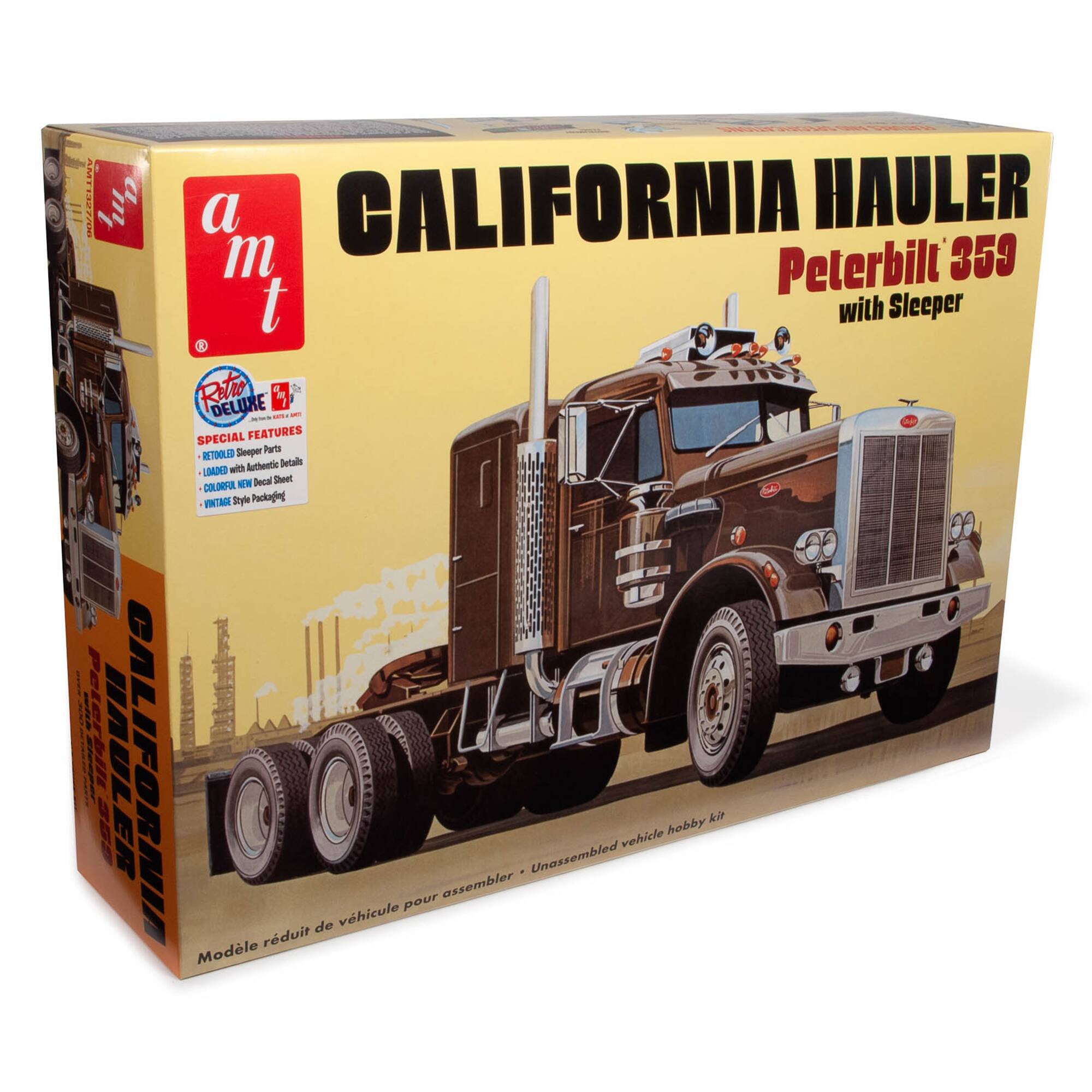 The image features a California Hauler Peterbilt 359 with a sleeper. The truck is a large, impressive vehicle that is sure to capture the attention of anyone who sees it. The California Hauler is a special edition truck that comes with a variety of unique features, making it a great addition to any collection. The truck is made of high-quality materials and is designed to be both durable and visually appealing. The packaging for the California Hauler is also noteworthy, as it is designed to protect the truck during transport and storage. Overall, the California Hauler is an excellent choice for anyone who is looking for a high-quality, eye-catching truck model.