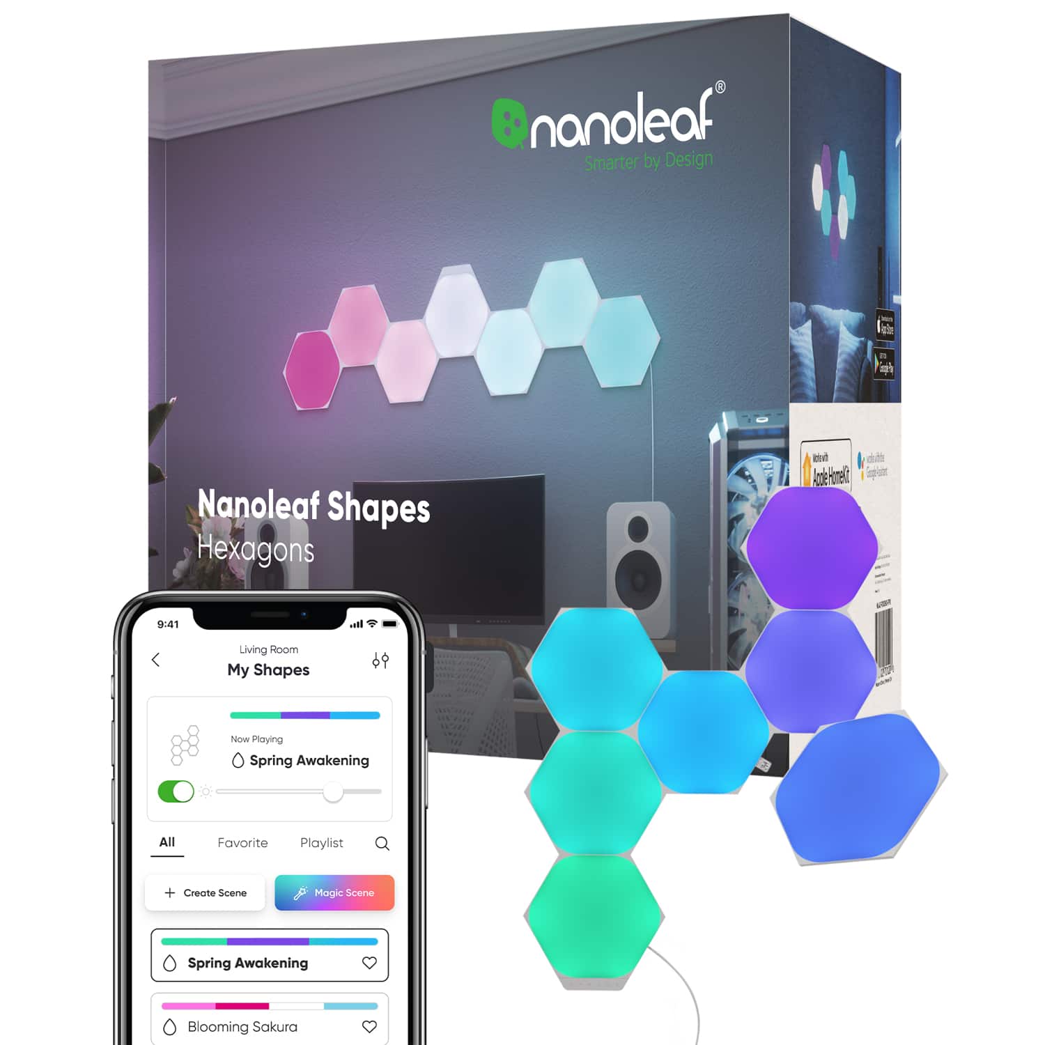 nanoleaf Smarter by Design I i 20% Nanoleaf Shapes Hexagons be de Acode-rimed: ip 9:41 In Living Room My Shapes 69 Now Playing Spring Awakening All Favorite Playlist + Create Scene Magic Scene Spring Awakening Blooming Sakura
