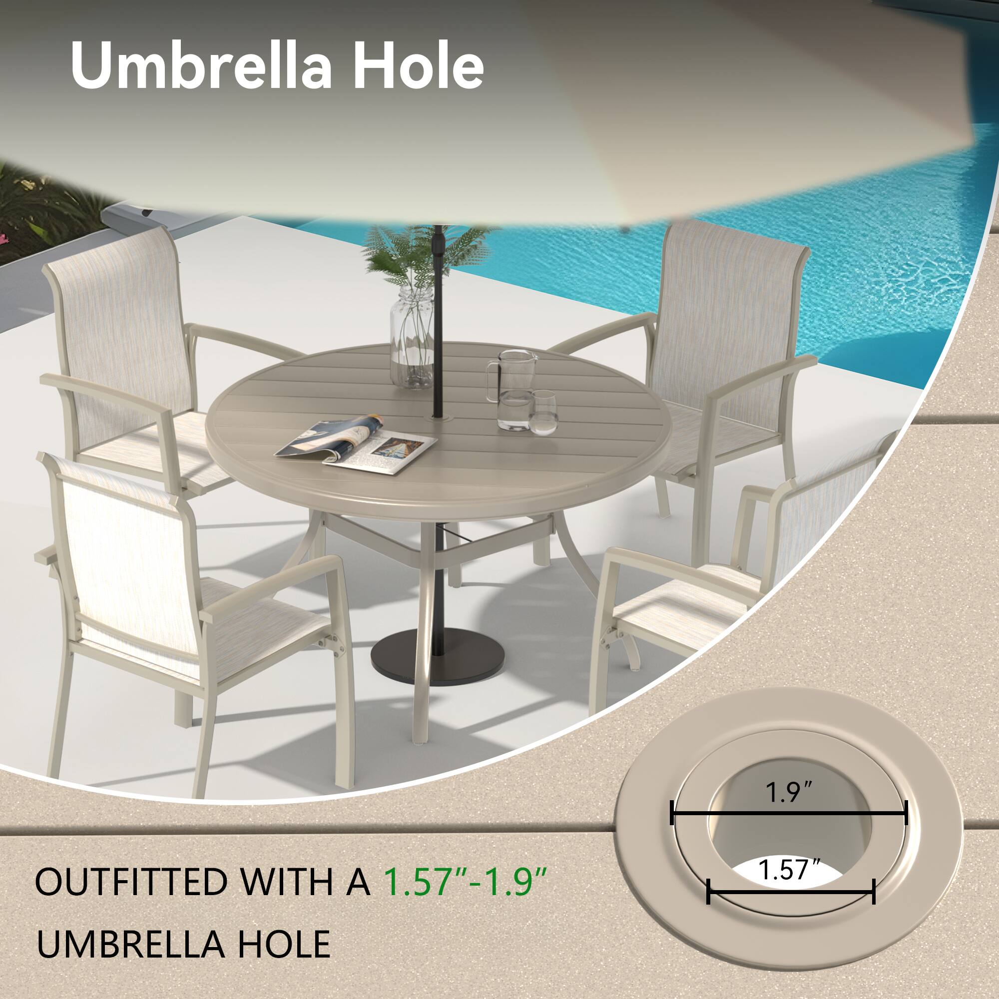 Umbrella Hole

OUTFITTED WITH A 1.57"-1.9" UMBRELLA HOLE