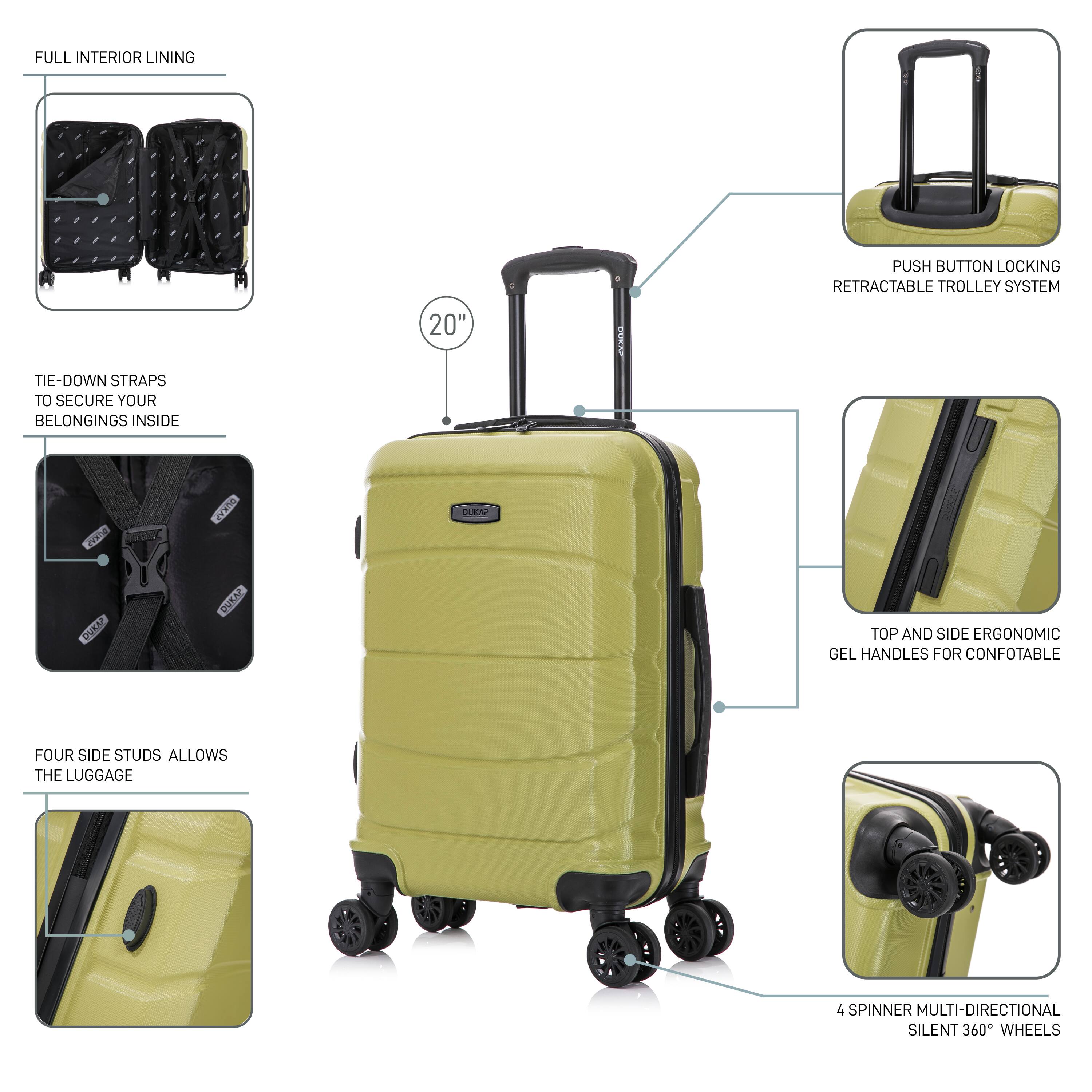 - Full Interior Lining
- Tie-down Straps to Secure Your Belongings Inside
- Four Side Studs Allows the Luggage
- Push Button Locking Retractable Trolley System
- Top and Side Ergonomic Gel Handles for Comfortable
- 4 Spinner Multi-directional Silent 360° Wheels