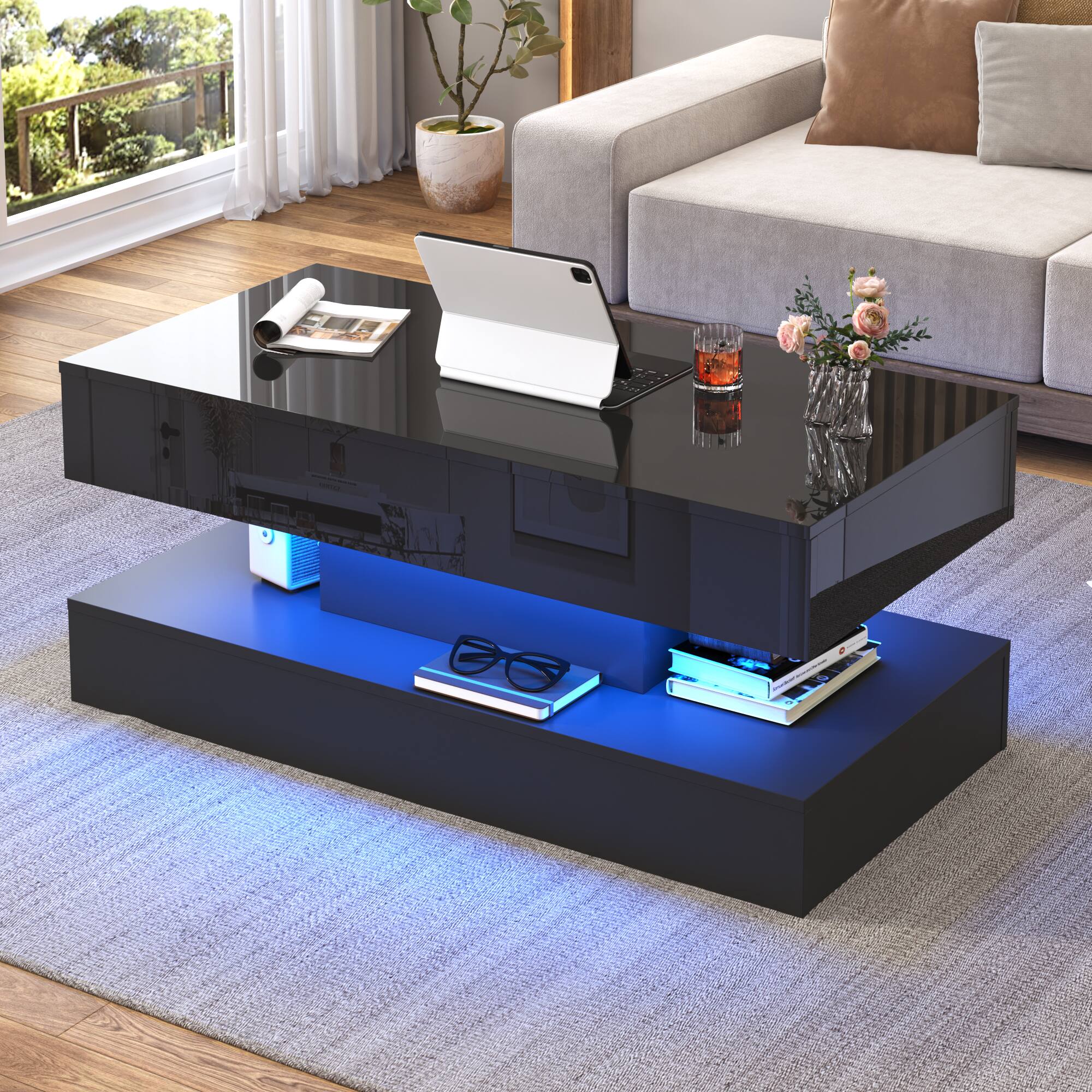 Left. Espafurni - 39.4" Lift Top Coffee Table with LED Lights & Storage​ High gloss finish App-controlled lighting Multi-room use - Black.