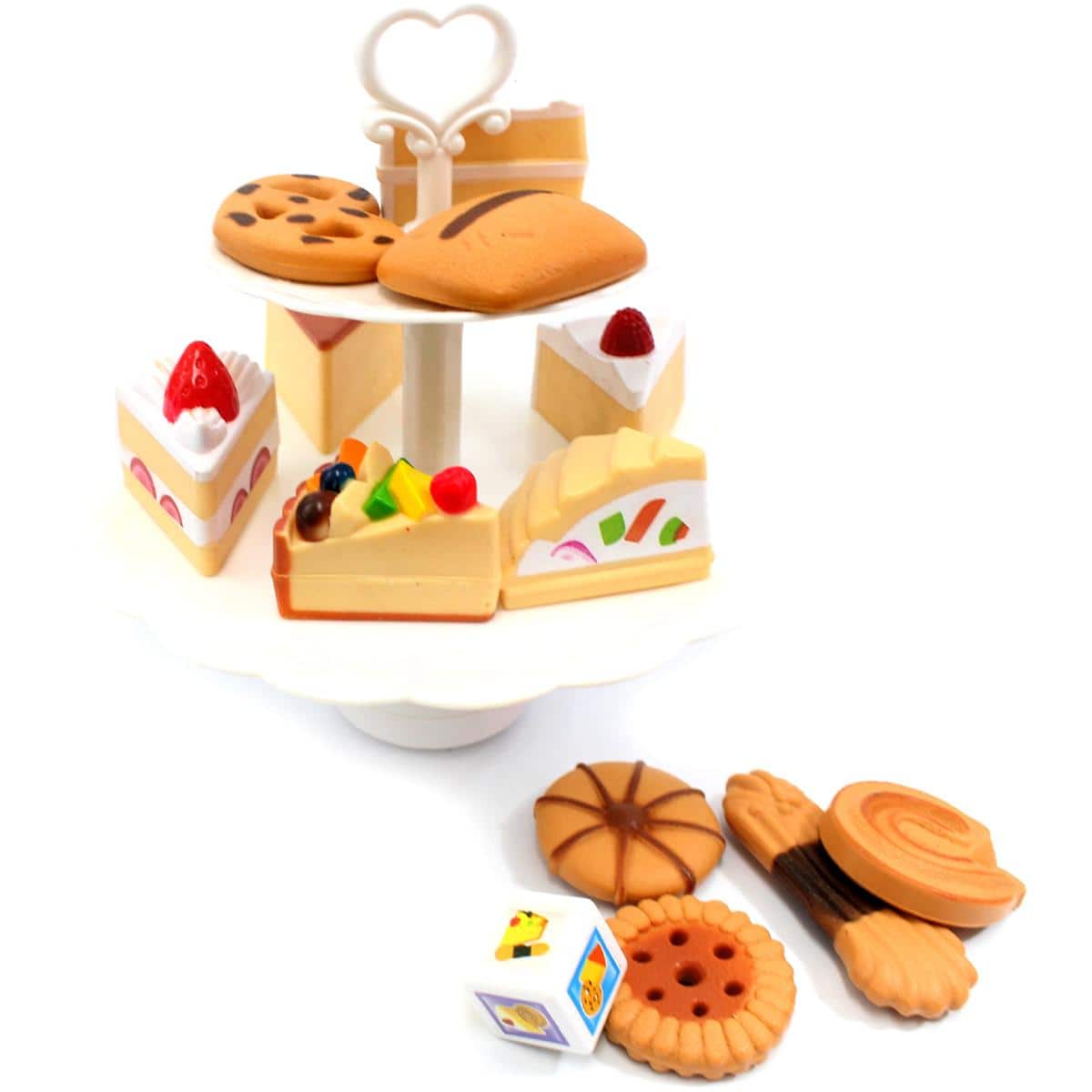 JuzToys - 12pcs Cookies and Desserts Tower Stacking Toys – Pretend Play Toy Food Sets for Kitchen, Kids Balancing Stacker Toys - Multicolored