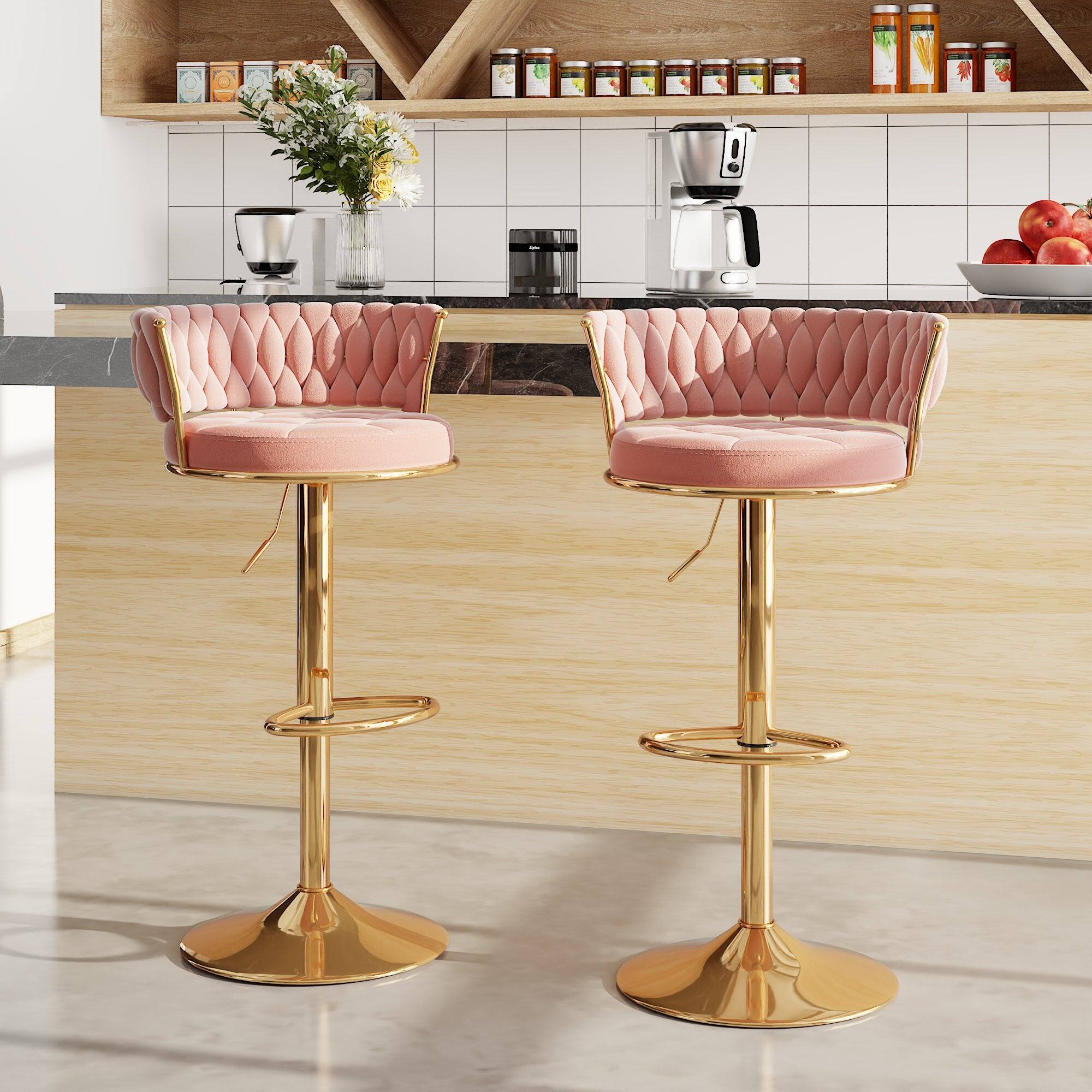 Alt View 4. Vecelo - Set of 4 Velvet Bar Stools with 360° Swivel & Adjustable Height - Modern Counter Stools - Pink.