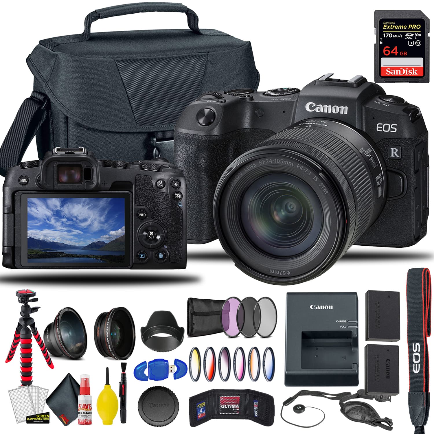 Canon - EOS RP Mirrorless Digital Camera with 24-105mm f/4-7.1 Lens + Extra Battery + Filters + EOS Camera Bag + More