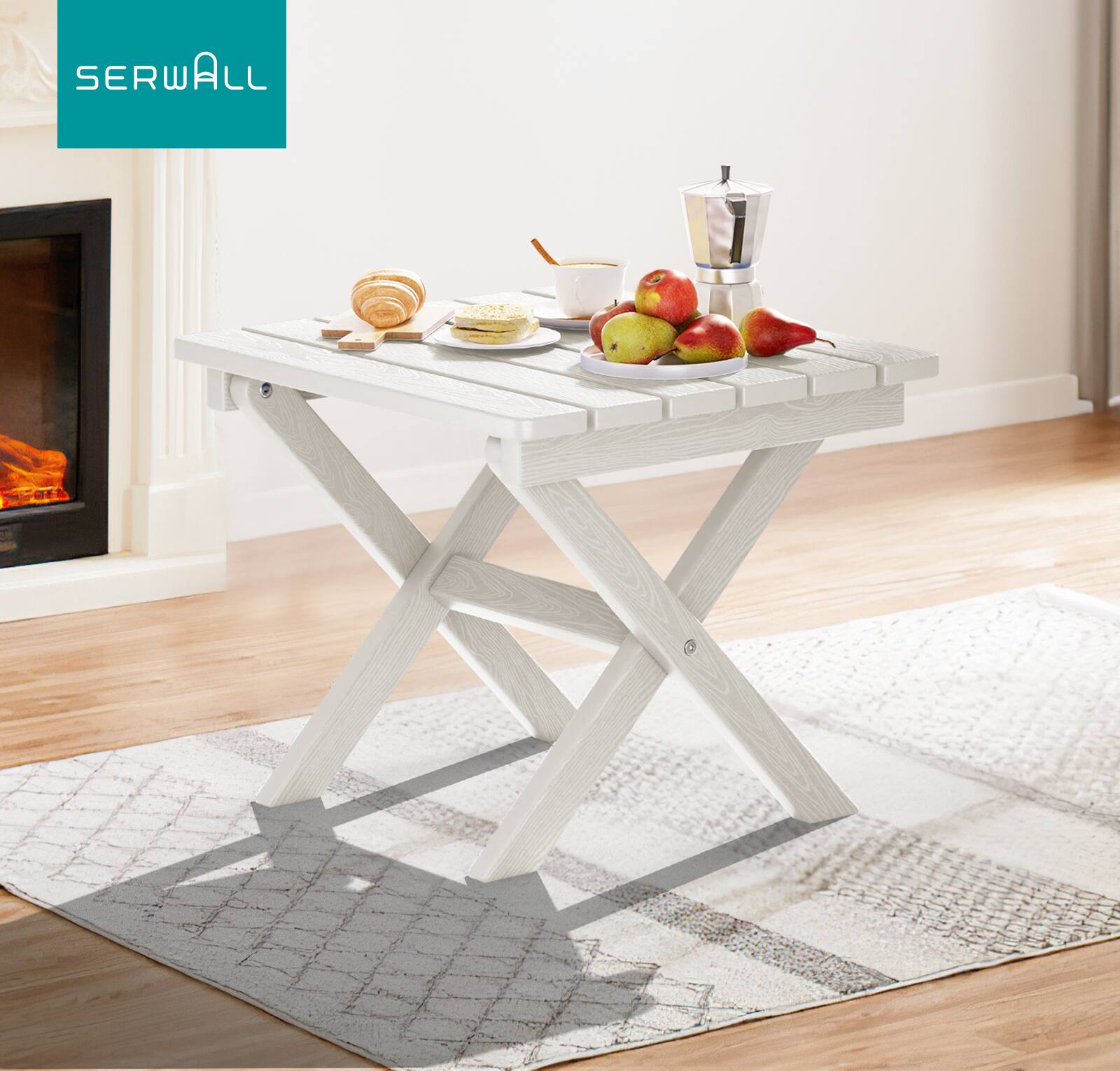Alt View 3. SERWALL - SERWALL Small Folding Side Table, HDPE Outdoor End Table, White - White.
