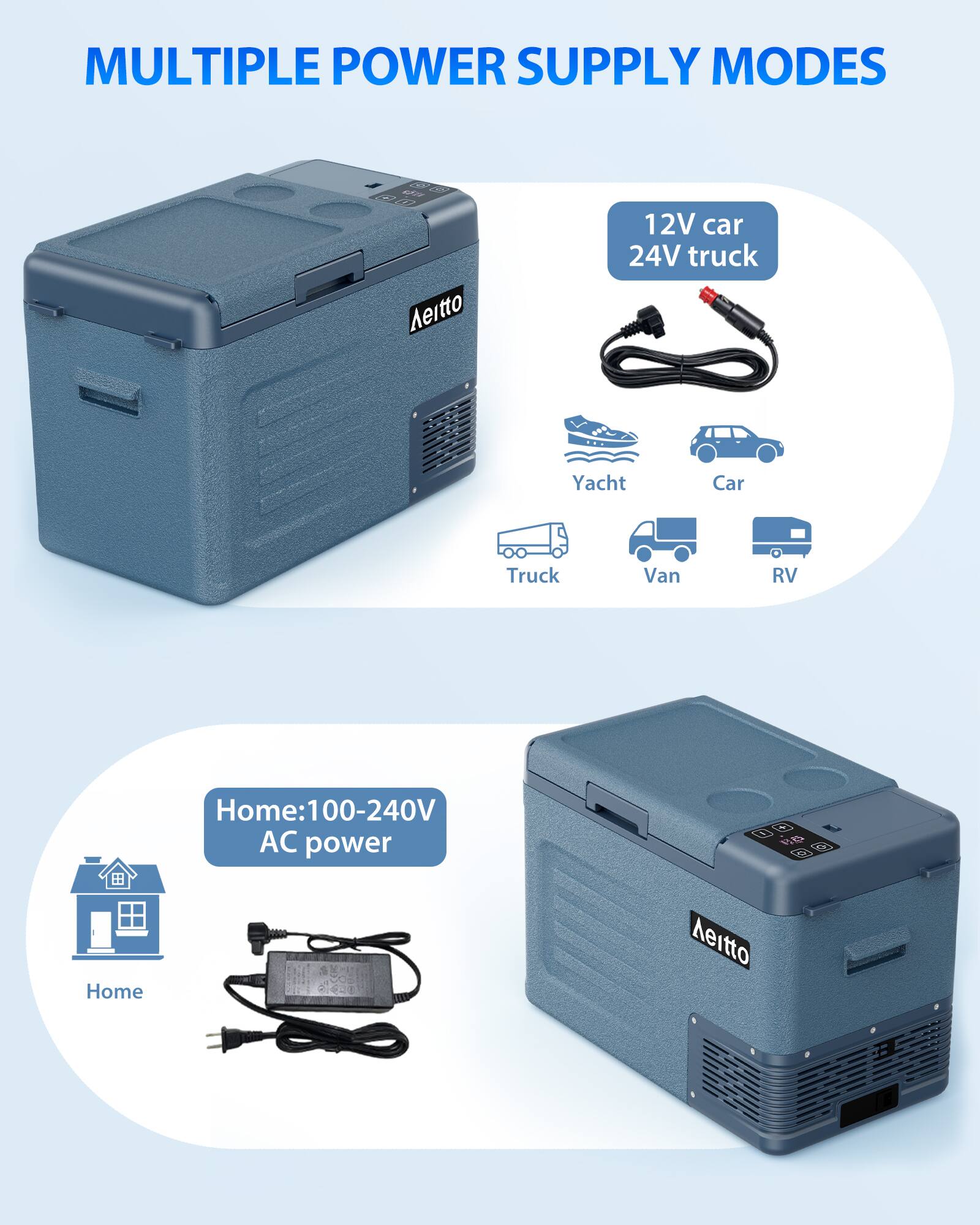 MULTIPLE POWER SUPPLY MODES

Aeitto 12V car 24V truck Yacht Car Truck Van RV Home: 100-240V AC power