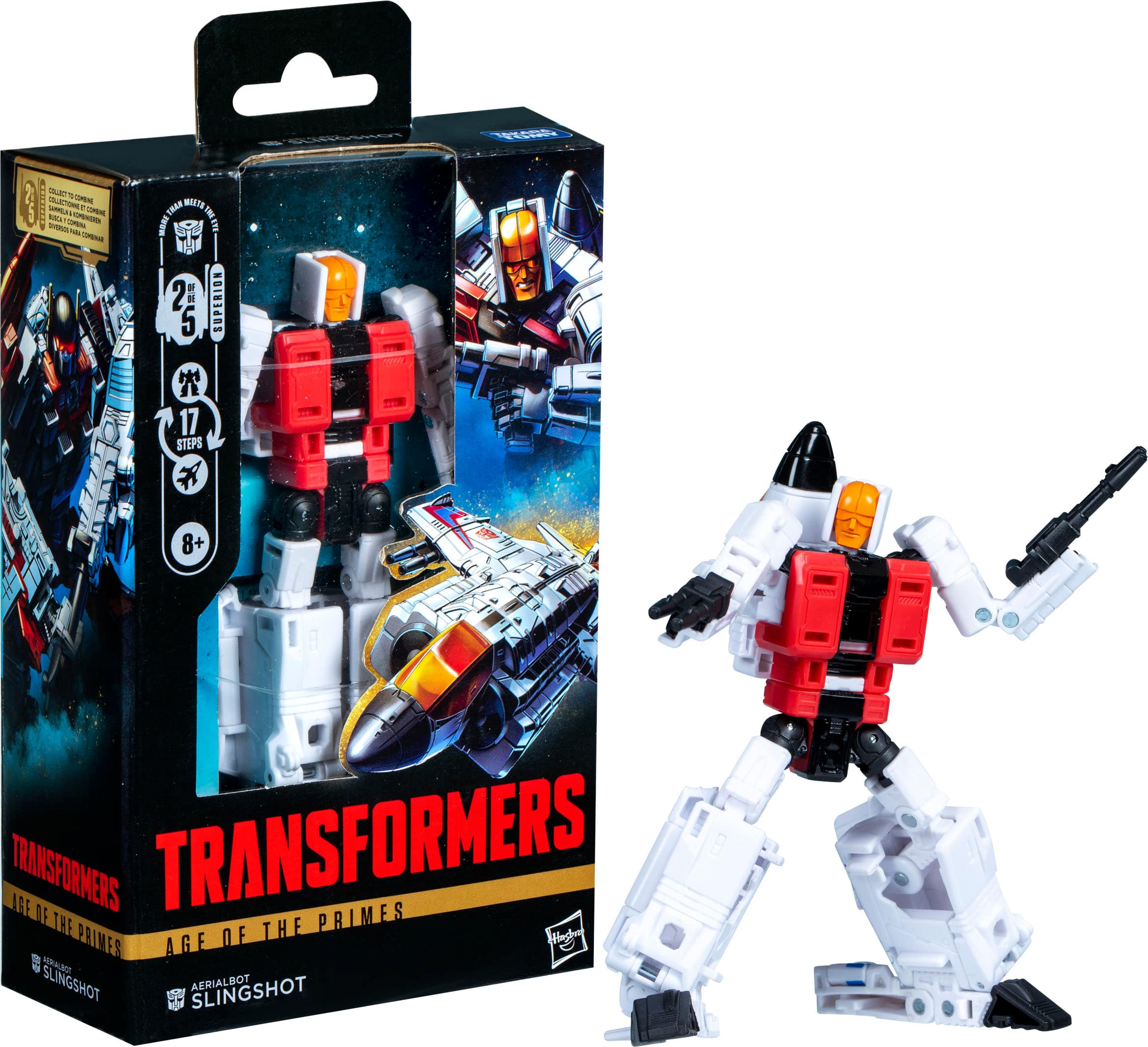 Transformers: Age of the Primes is a toy set that includes a robot and a spaceship. The robot is a red and white figure, while the spaceship is a white and black model. The set is designed for children to play with and enjoy.