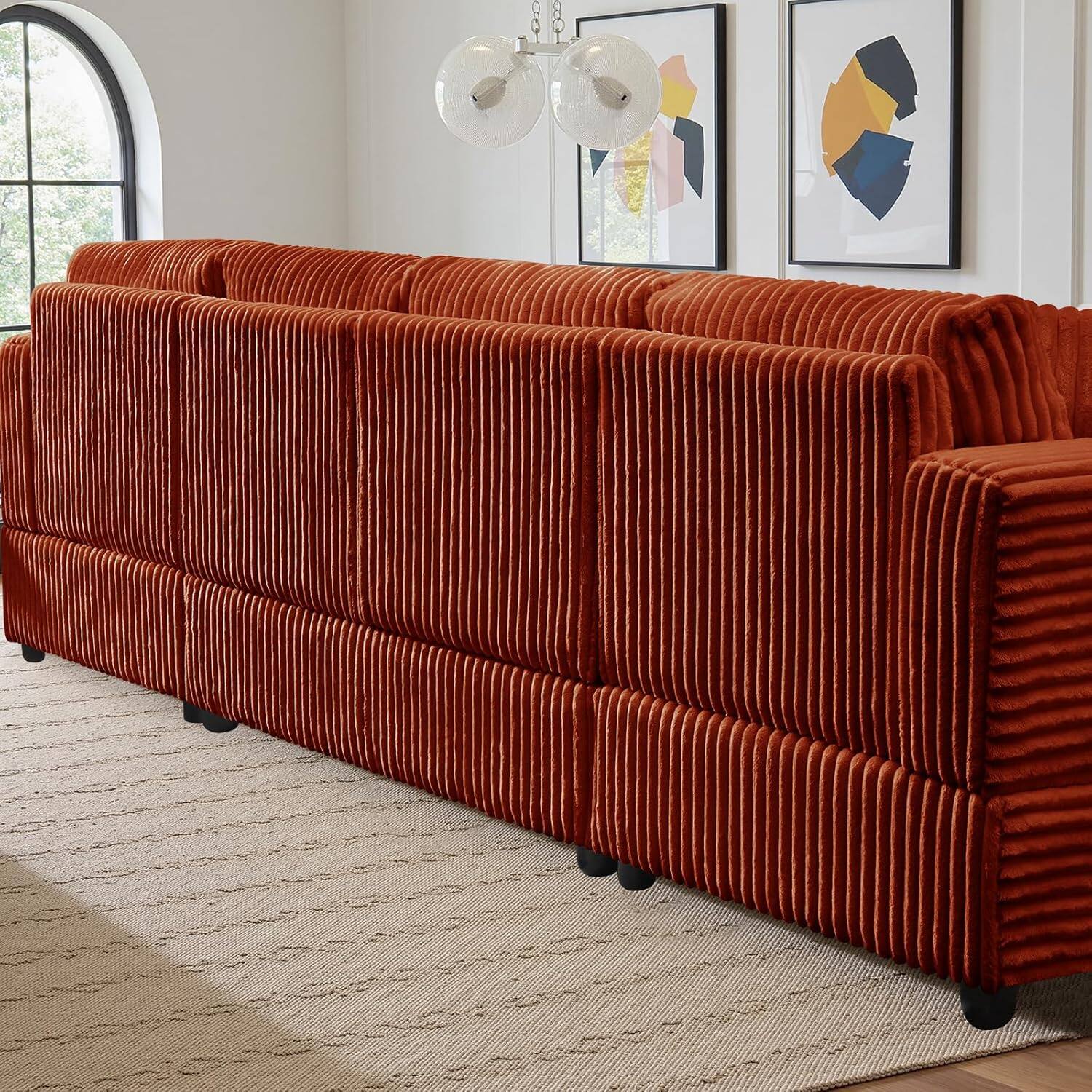 Alt View 6. Meqiodas - 4 Seater Oversized Modular Sectional Sofa, U Shaped Extra Large Corduroy Couch with Double Chaises - orange.