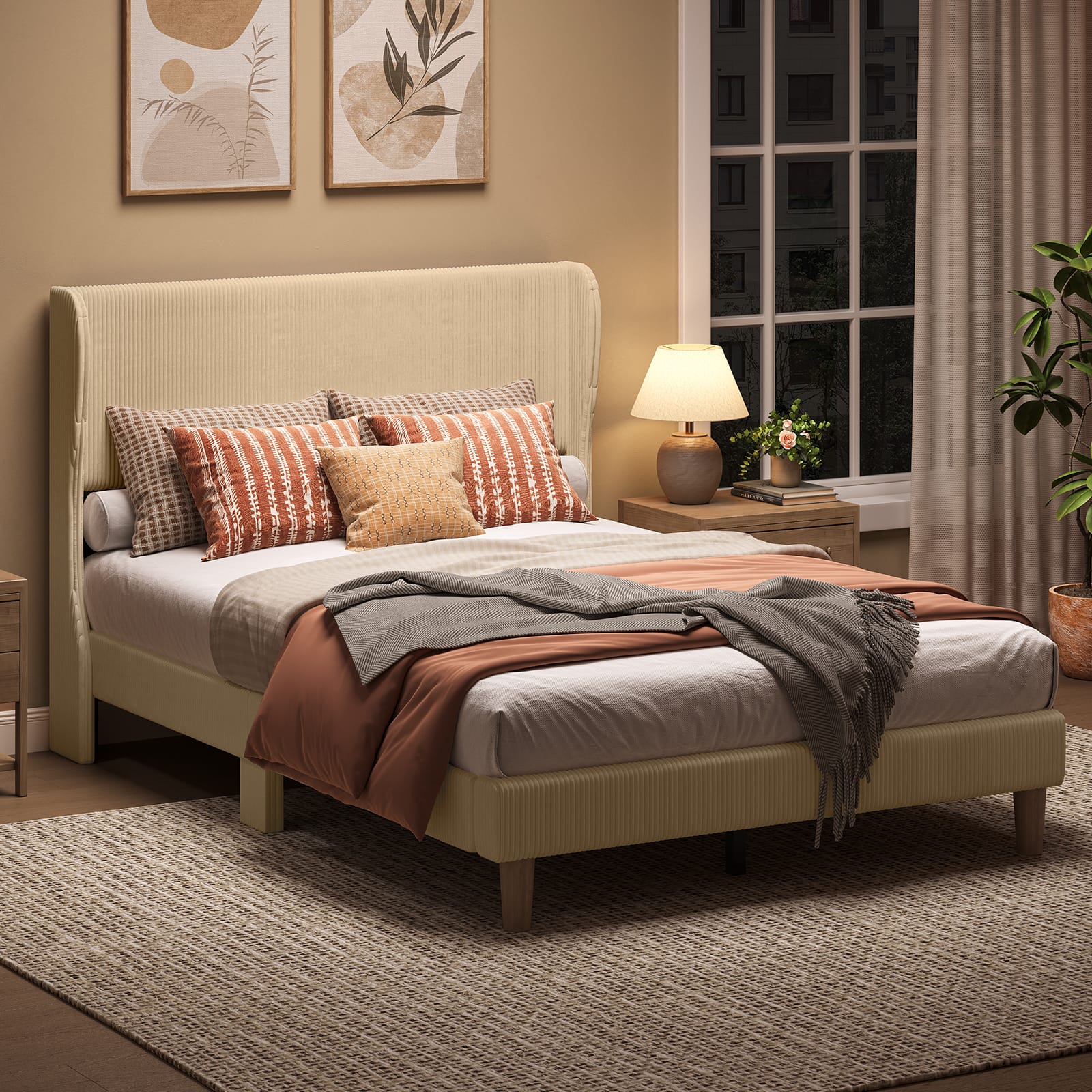 Bestier - Wood Frame Corduroy Upholstered Platform Bed Frame with Wingback Headboard - Taupe