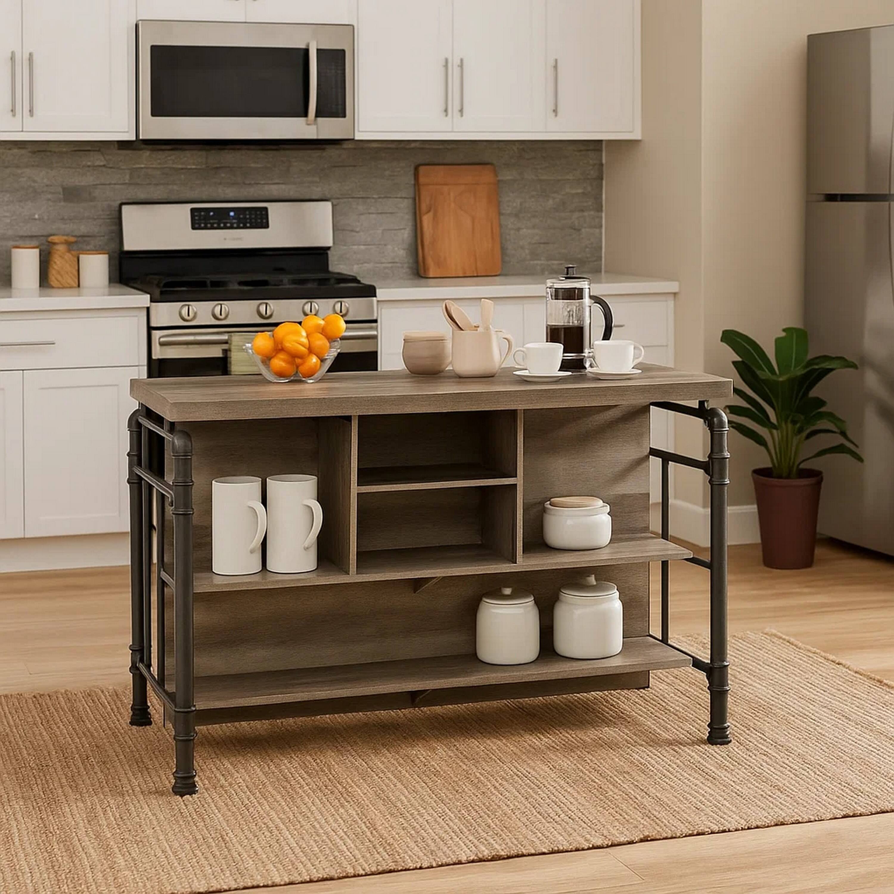 Alt View 3. Manhattan Lane - 59 Inch Kitchen Island with 2 Shelves - Brown, Gray.