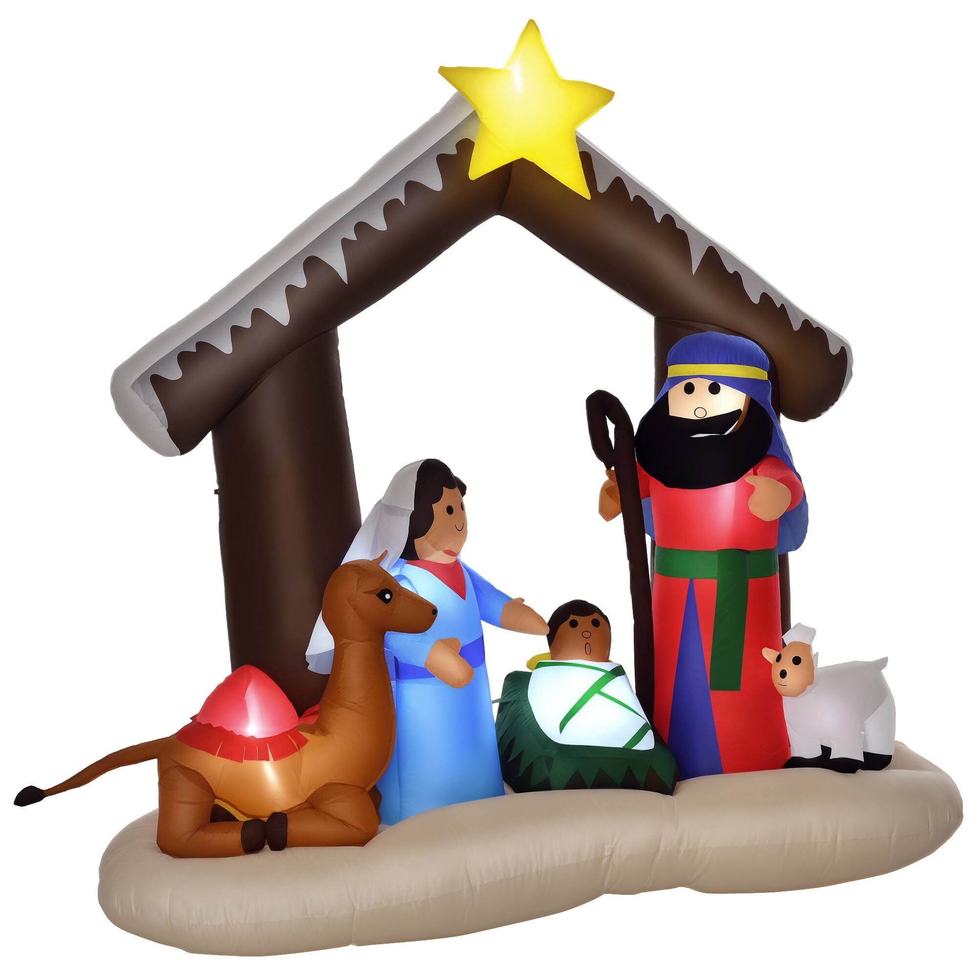 Homcom - 6' Christmas Inflatable Nativity Scene, Outdoor Blow-Up Decoration with LED Lights - Brown