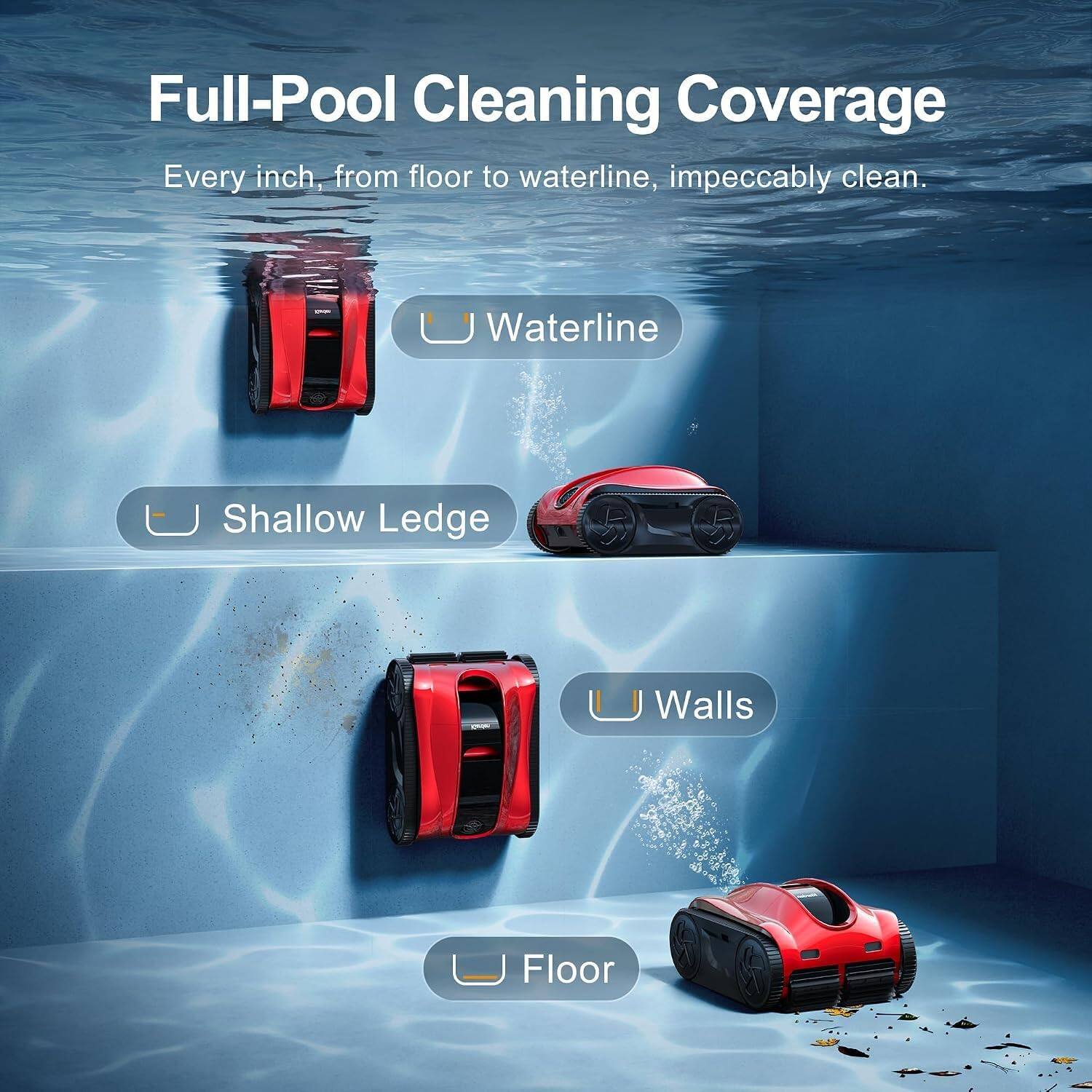 Full-Pool Cleaning Coverage  
Every inch, from floor to waterline, impeccably clean.  
- Waterline  
- Shallow Ledge  
- Walls  
- Floor