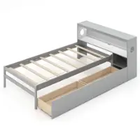 Costway Twin Size Bed Frame with LED Light & Power Outlet Bookcase Headboard Drawers - Gray - Front_Zoom