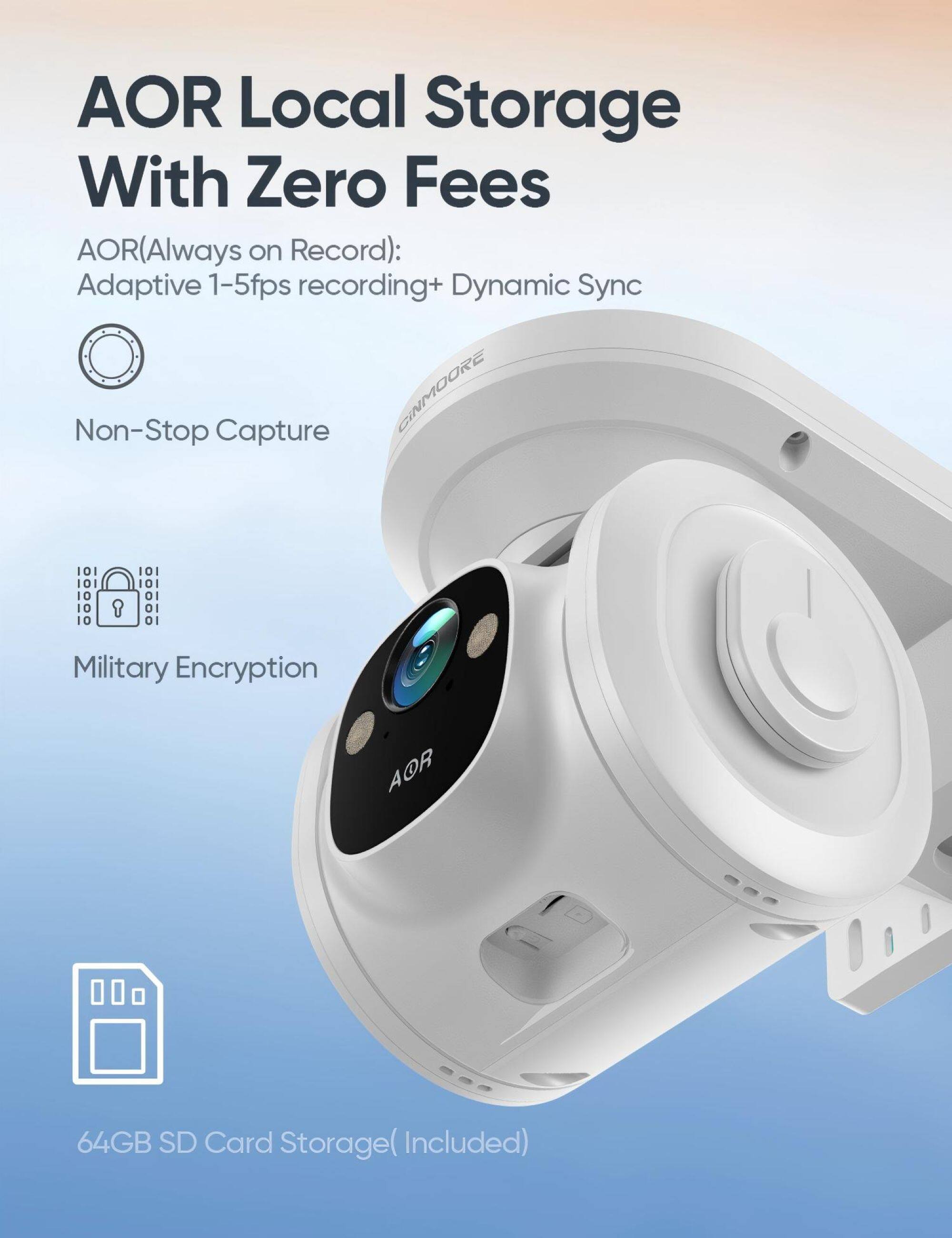 AOR Local Storage With Zero Fees

AOR(Always on Record): Adaptive 1-5fps recording+ Dynamic Sync Non-Stop Capture

CINMOORE Military Encryption

AOR 64GB SD Card Storage (Included)