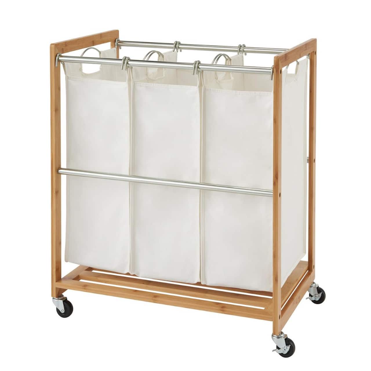 Front. TRINITY - EcoStorage 3-Bag Bamboo Laundry Cart Chrome Poles - Chrome.