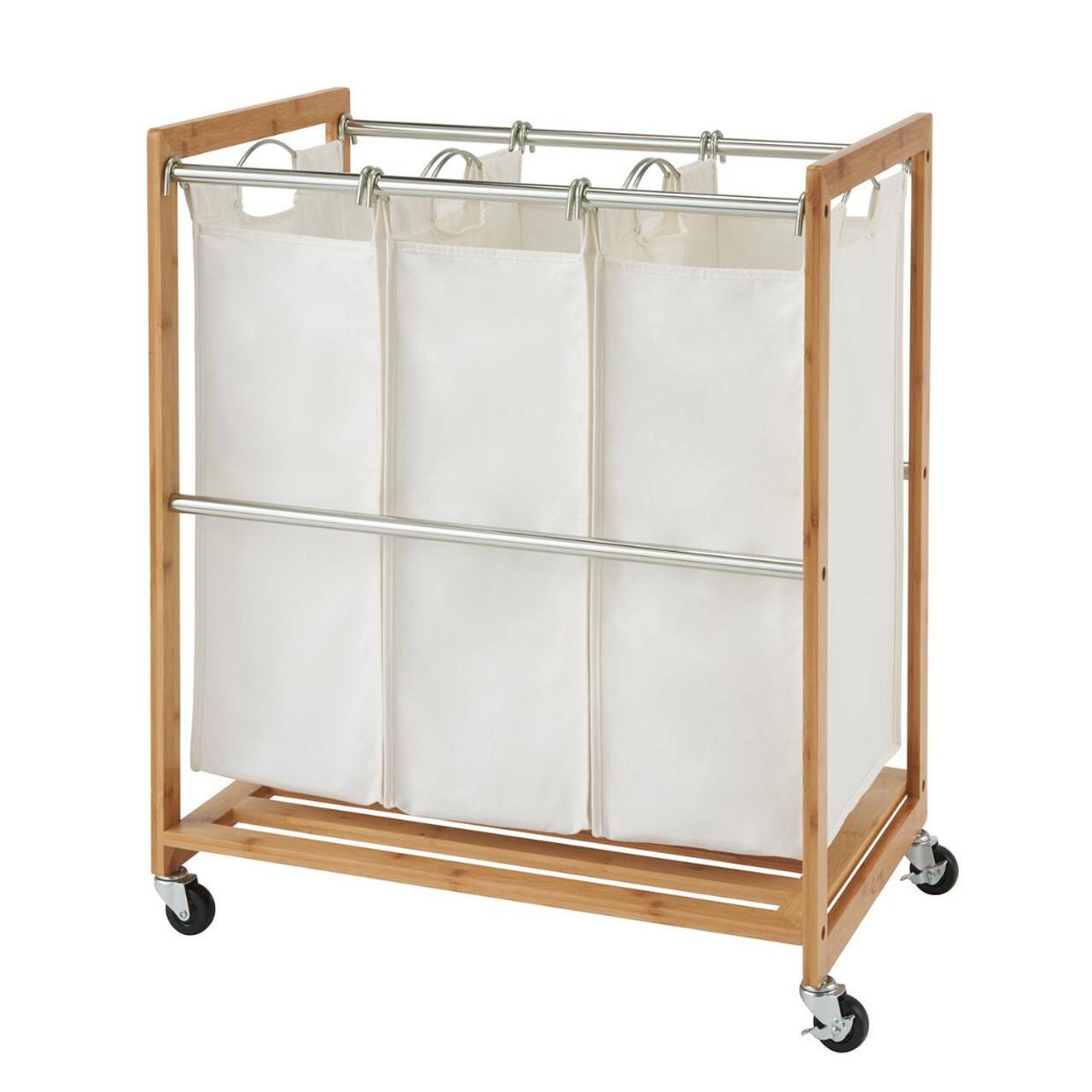Front. TRINITY - EcoStorage 3-Bag Bamboo Laundry Cart Chrome Poles - Chrome.