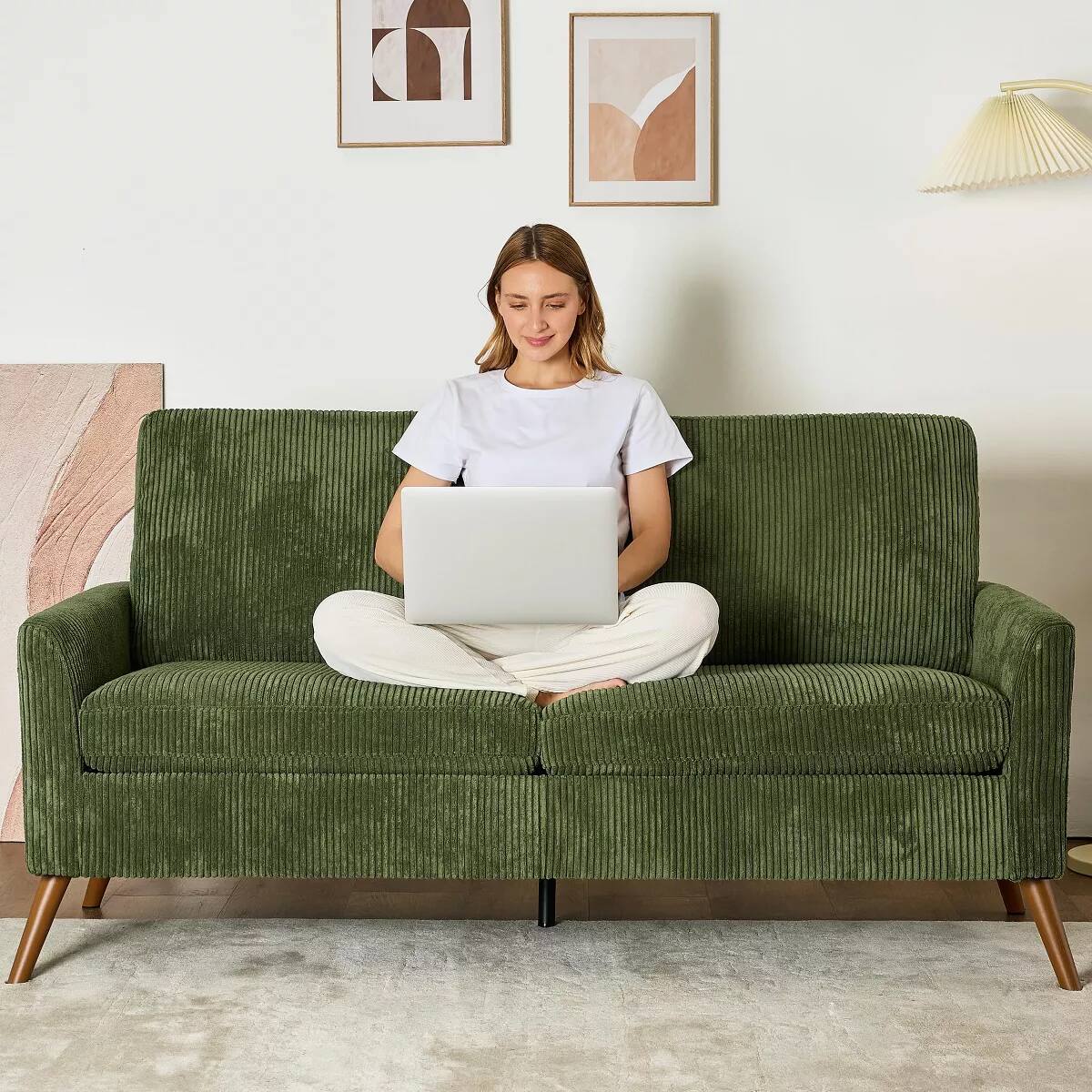 Alt View 2. Dyonery - 68" Loveseat Sofa, Comfy  Linen Couches for Living Room, Mid Century Modern Love Seat Sofa - Green.