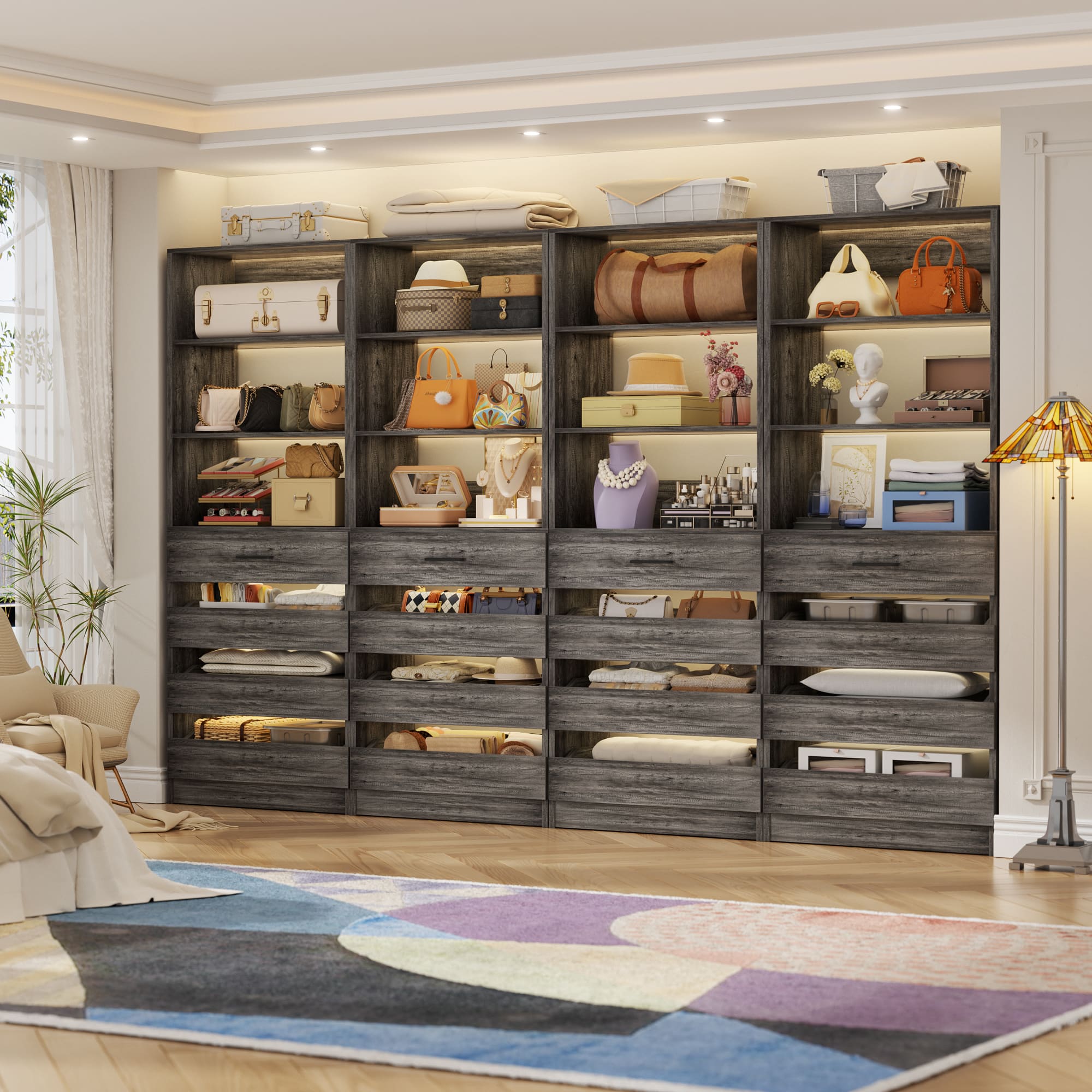 Aheaplus - 4 Pack Wood Storage Organizer: 4 Drawers & 3 Shelves, Wall-Mountable for Kitchen,Living Room,Bedroom - Gray Oak