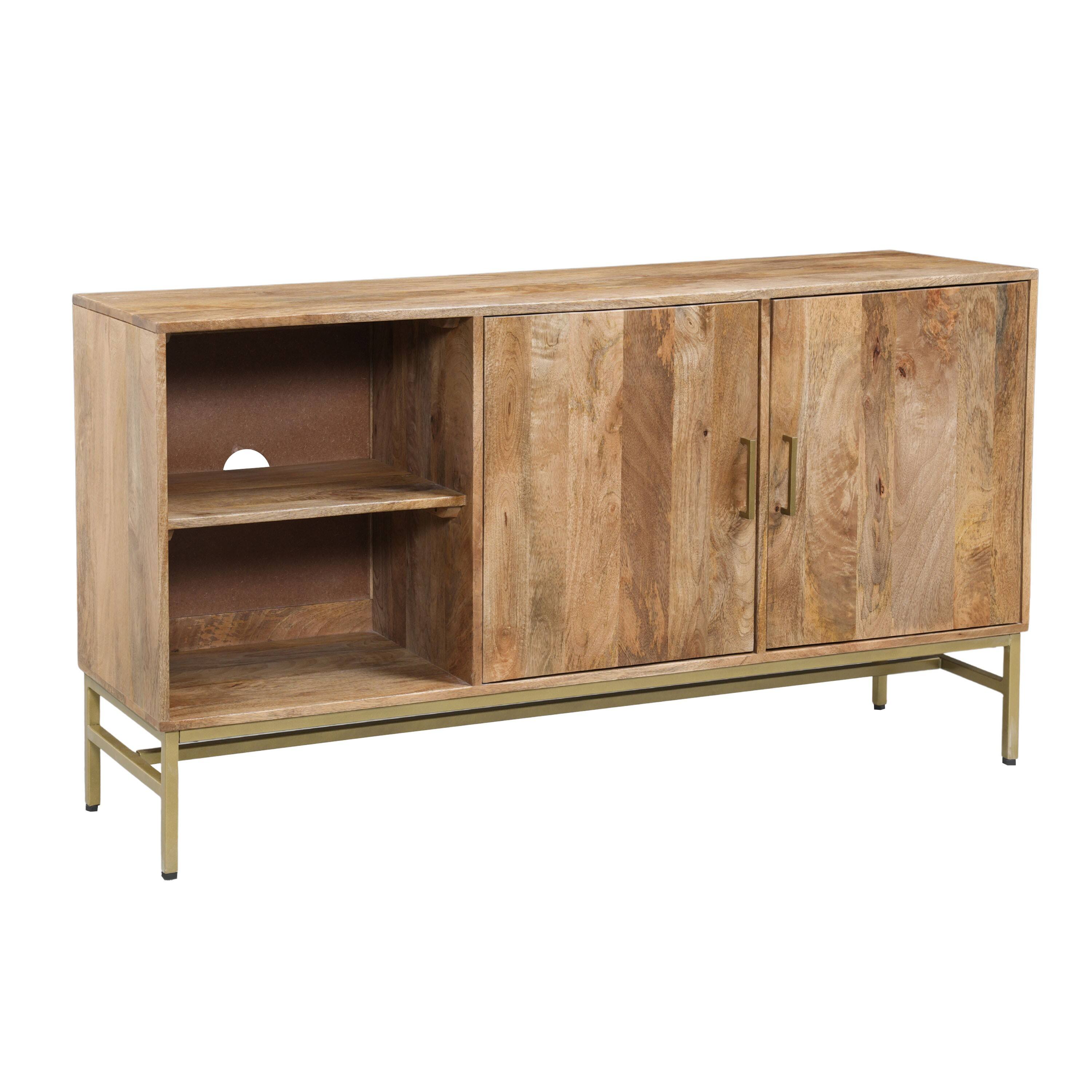 Angle. Manhattan Lane - Lysa 50 Inch Sideboard Buffet Cabinet with Open Shelves, Gold Iron Base, Mango Wood - Natural Brown, Gold.