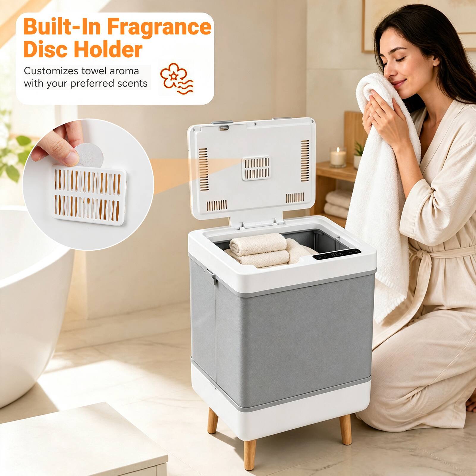 Built-In Fragrance Disc Holder  
Customizes towel aroma with your preferred scents
