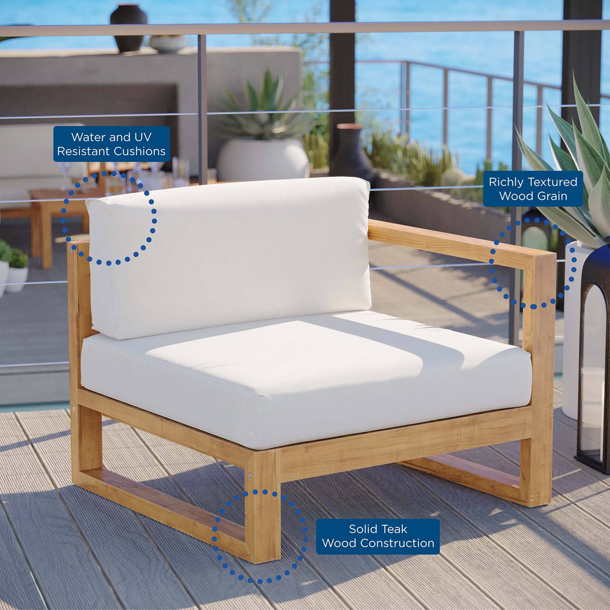 Water and UV Resistant Cushions  
Richly Textured Wood Grain  
Solid Teak Wood Construction