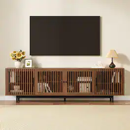 MERAVOM - Modern TV Stand for up to 85" TVs, Entertainment Center with 4 Slatted Doors, Media Console with Storage Cabinets - Walnut