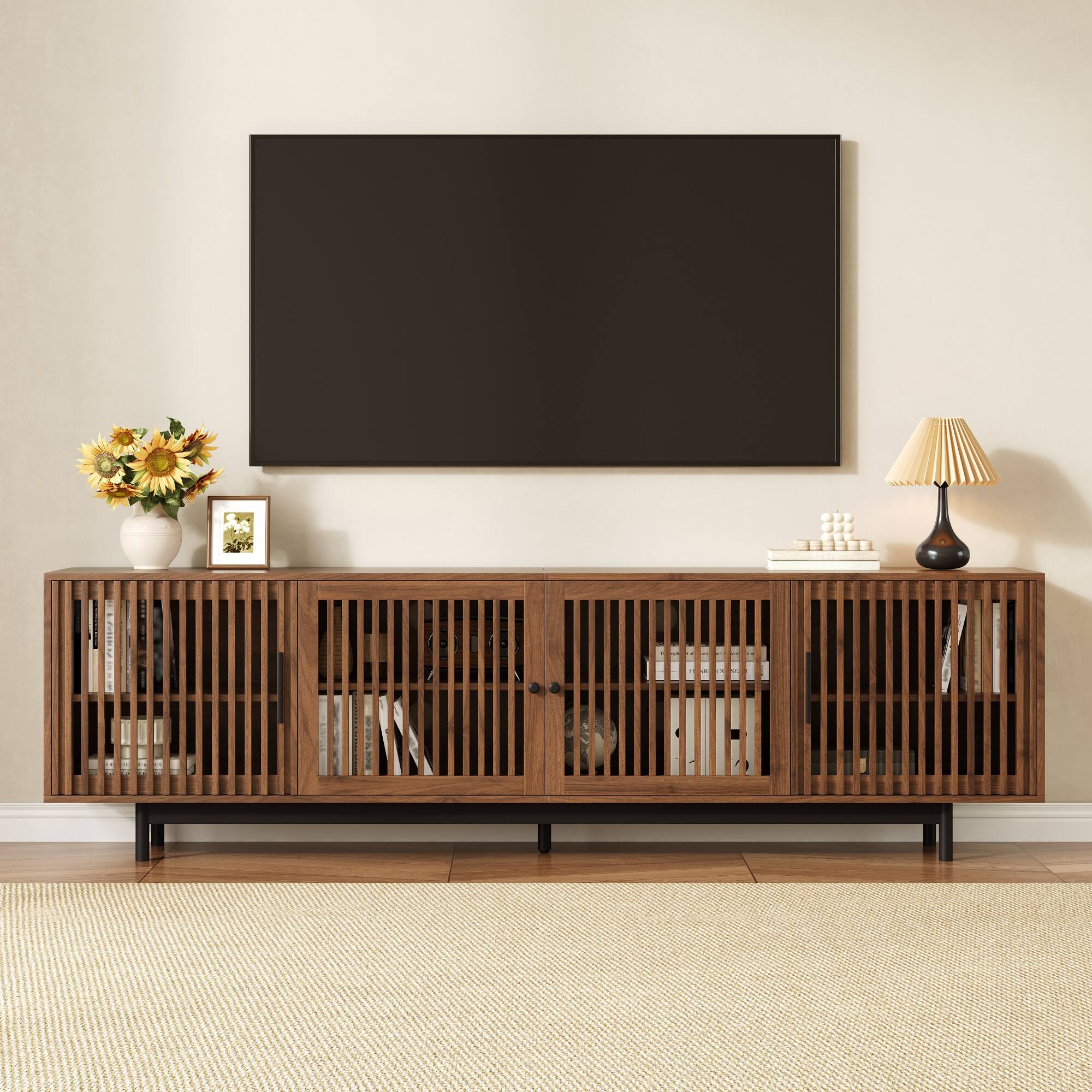 Front. MERAVOM - Modern TV Stand for up to 85" TVs, Entertainment Center with 4 Slatted Doors, Media Console with Storage Cabinets - Walnut.