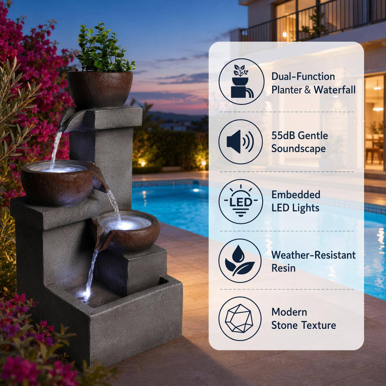 Dual-Function Planter & Waterfall  
55dB Gentle Soundscape  
Embedded LED Lights  
Weather-Resistant Resin  
Modern Stone Texture