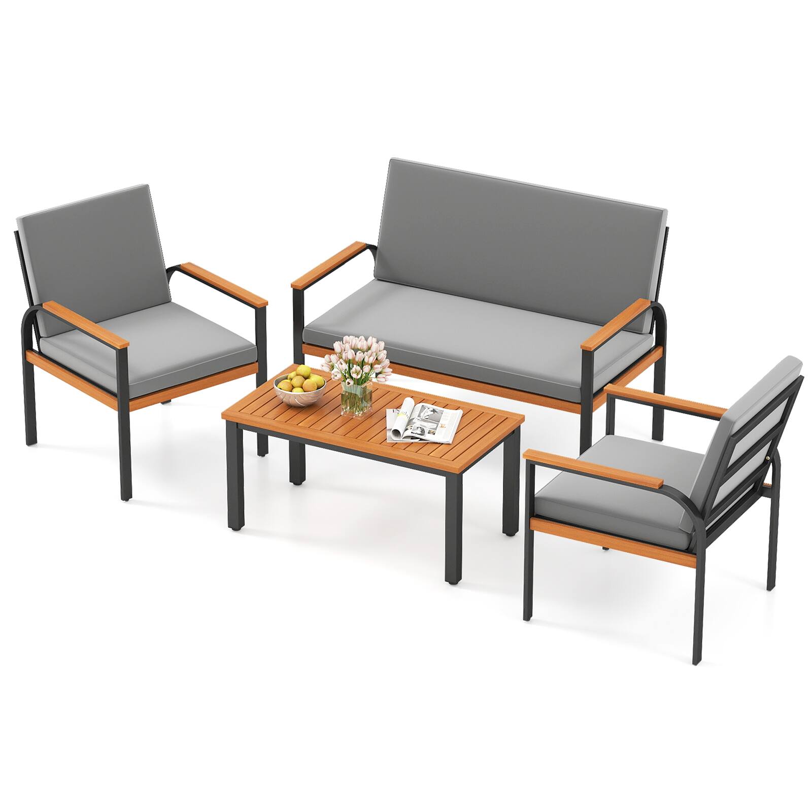 Alt View 5. Gymax - Gymax 4 Piece Outdoor Furniture Set w/Coffee Table Loveseat & 2 Single Chairs for Porch Grey - Grey.