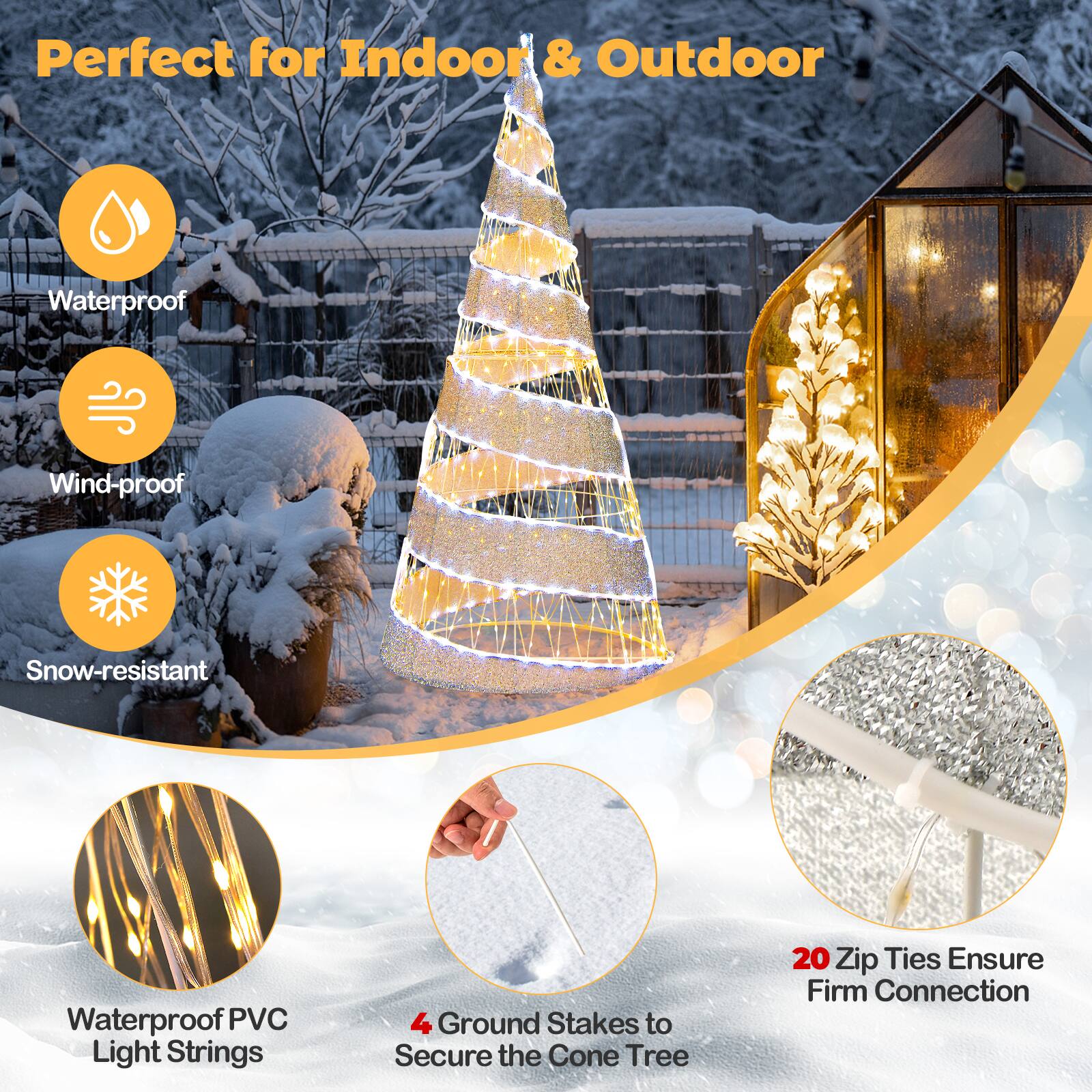 Perfect for Indoor & Outdoor: Waterproof, Wind-proof, Snow-resistant Waterproof PVC Light Strings. 4 Ground Stakes to Secure the Cone Tree. 20 Zip Ties Ensure Firm Connection.