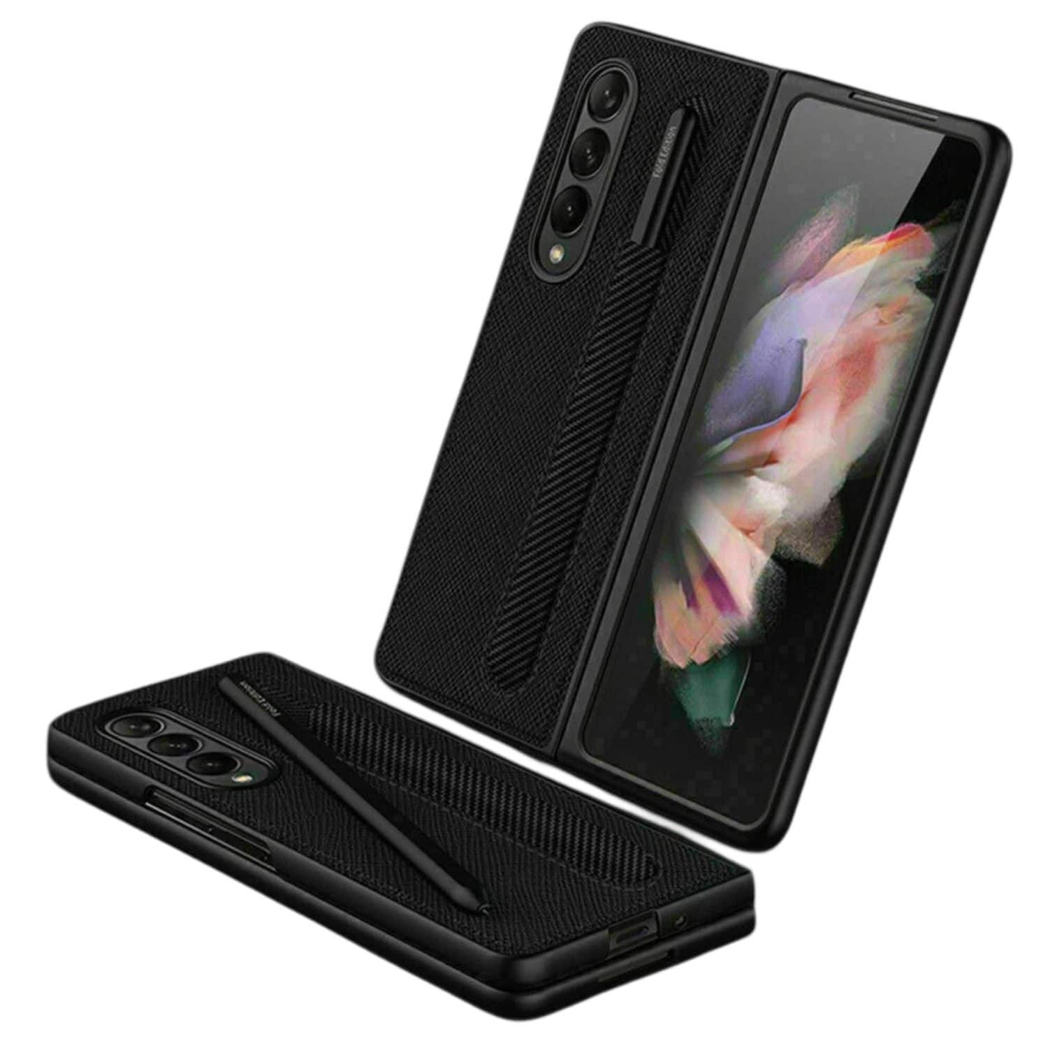 Stock Preferred - Shockproof Slim Leather Case with S Pen Holder for Samsung Galaxy Z Fold 3 5G – Ultra Slim Protective Cover - Cross Black