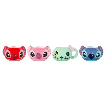 Front. Silver Buffalo - Disney Lilo & Stitch Characters 2-Ounce Sculpted Ceramic Mini Mugs | Set of 4 - Multi-Colored.