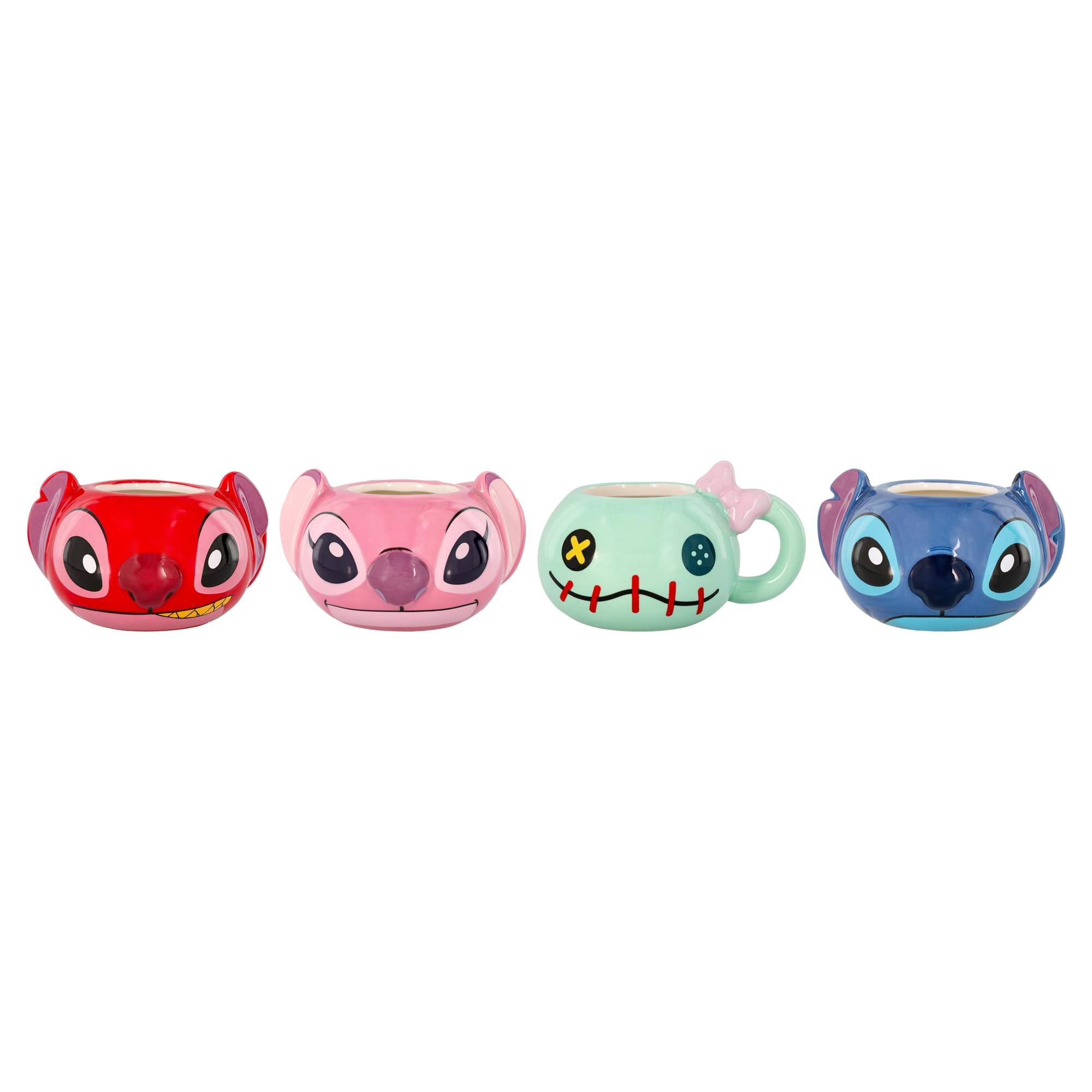 Front. Silver Buffalo - Disney Lilo & Stitch Characters 2-Ounce Sculpted Ceramic Mini Mugs | Set of 4 - Multi-Colored.