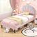 Angle. Costway - Twin Size Upholstered LED Bed Frame Soft Velvet Platform Bed with Flower Headboard - Pink.