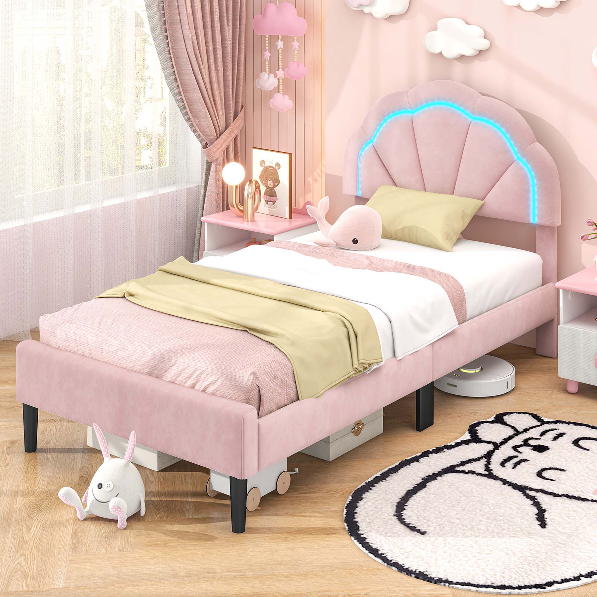 Angle. Costway - Twin Size Upholstered LED Bed Frame Soft Velvet Platform Bed with Flower Headboard - Pink.