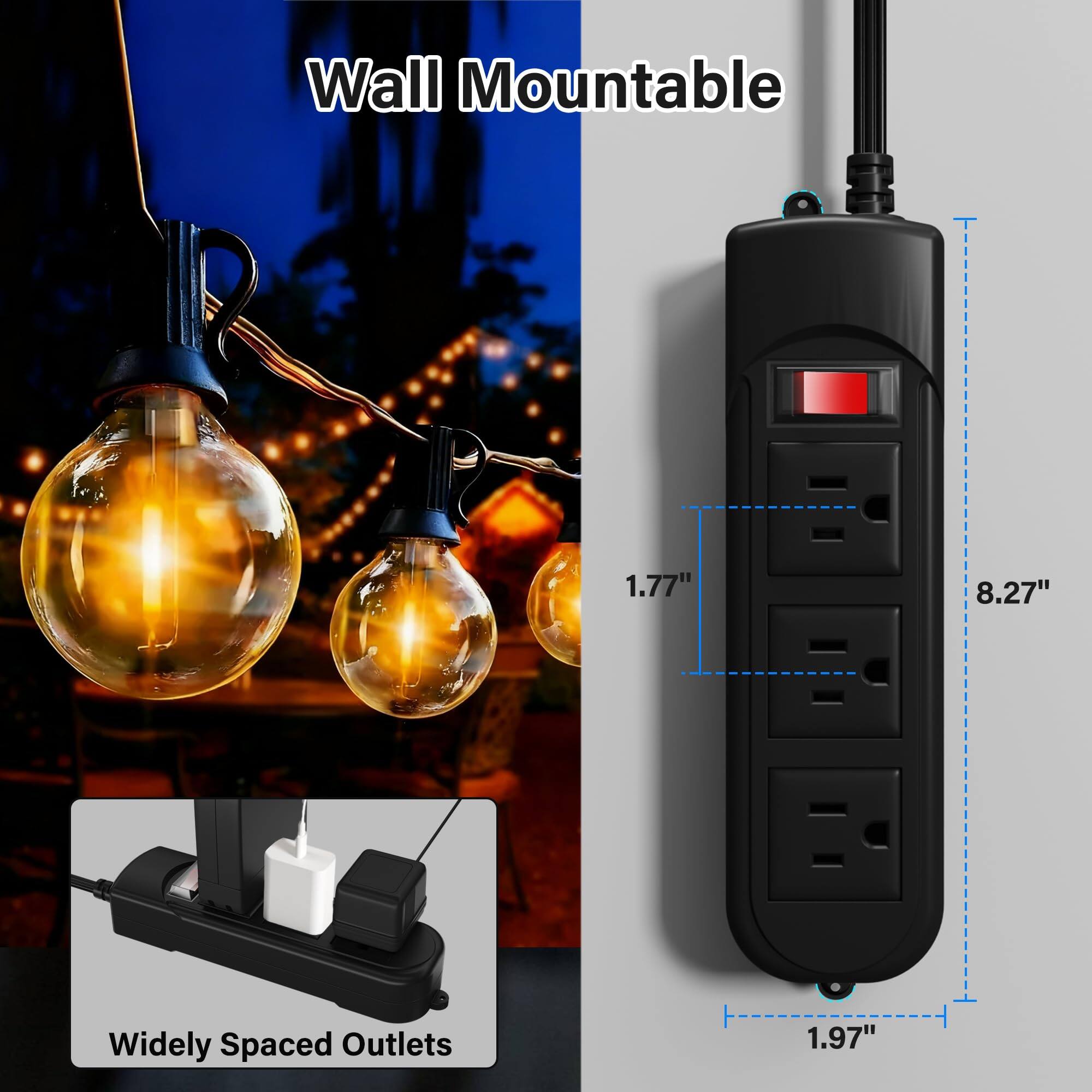 Wall Mountable  
1.77"  
8.27"  
Widely Spaced Outlets  
1.97"