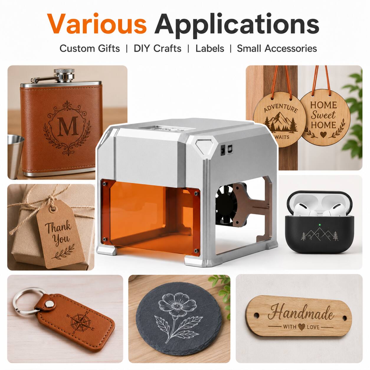 Various Applications  
Custom Gifts | DIY Crafts | Labels | Small Accessories  

M ADVENTURE HOME Sweet HOME WAITS  
Thank You  

1 5 E Handmade WITH LOVE