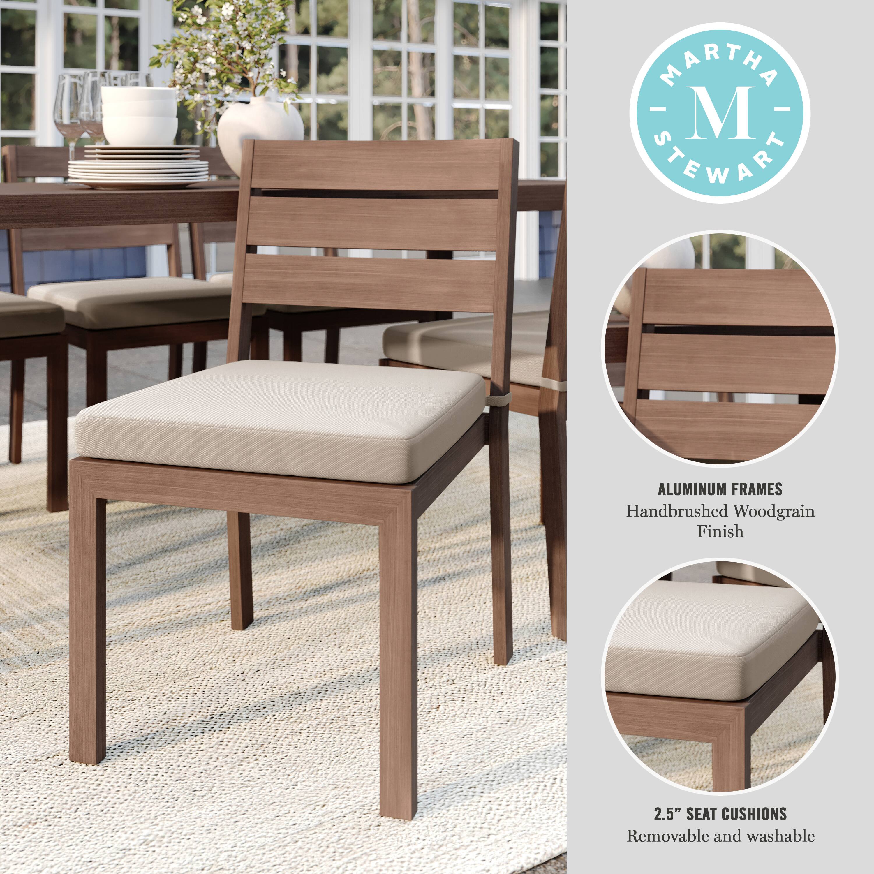 The text on the image reads: "Martha Stewart Aluminum Frames Handbrushed Woodgrain Finish 2.5" Seat Cushions Removable and Washable."