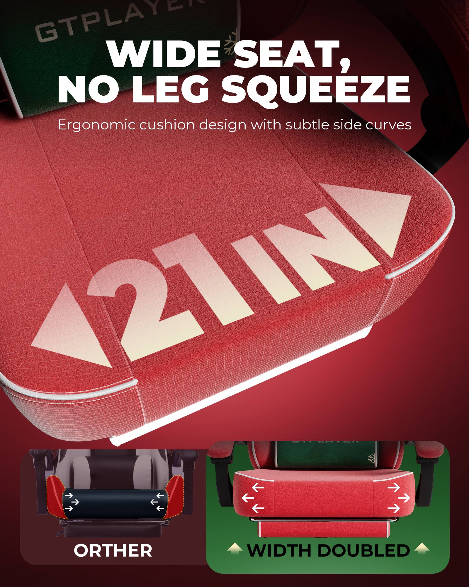 GTPLAYER WIDE SEAT, NO LEG SQUEEZE  
Ergonomic cushion design with subtle side curves  
121IN  
ORTHER WIDTH DOUBLED