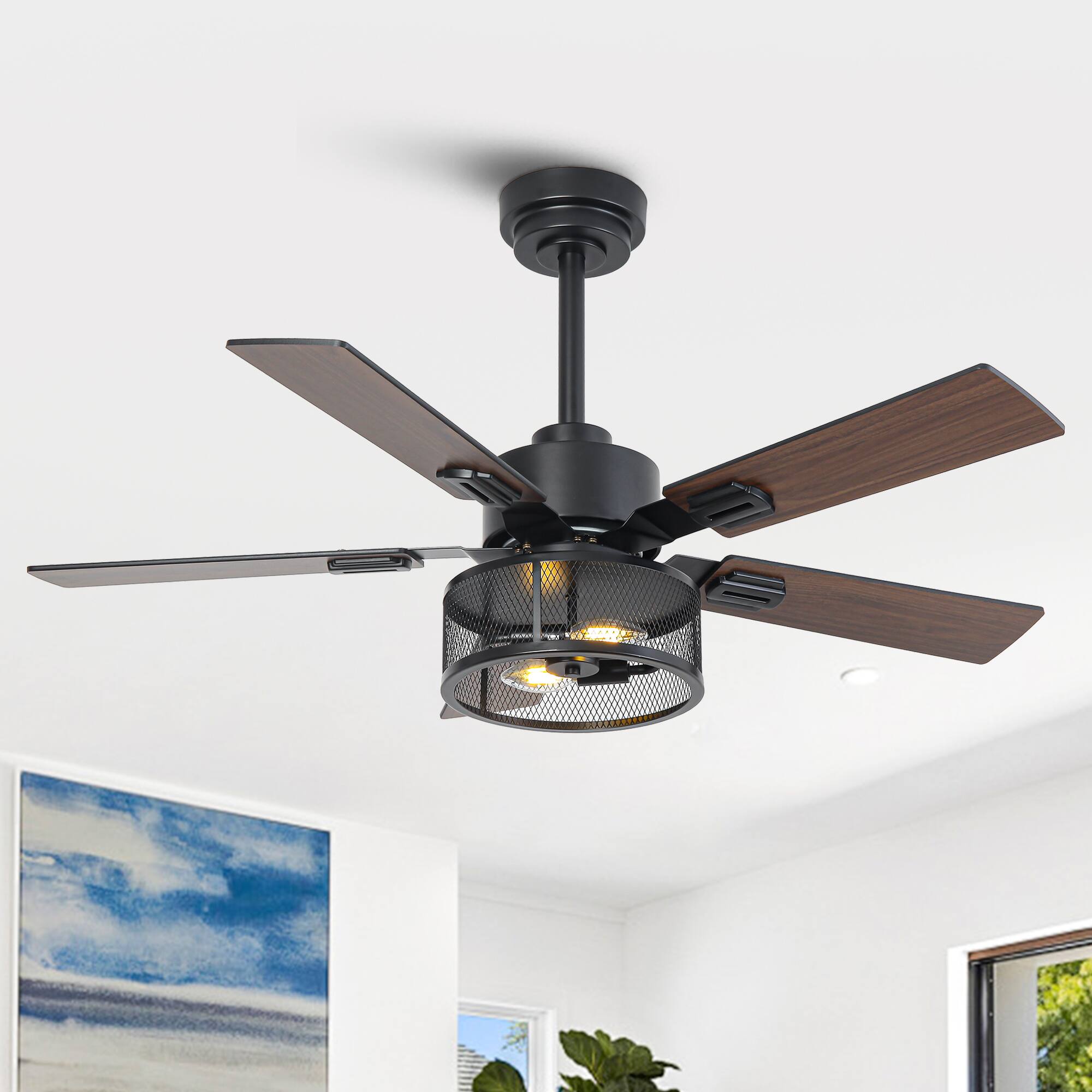 Back. Vaczon - 42" Industrial Black Metal Caged Ceiling Fan with Light and Remote  & App Control - Black.