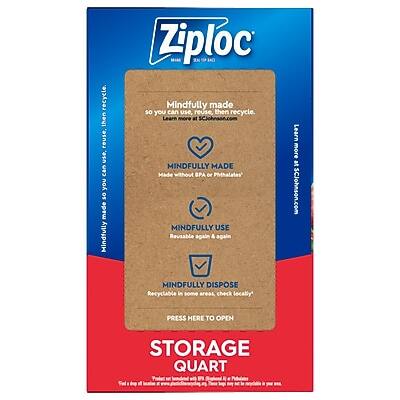 Sure, here is the corrected and grouped text from the image:

---

**Ziploc**

**Mindfully Made**  
Made without BPA or Phthalates  
Learn more at SCJohnson.com

**Mindfully Use**  
Reusable again & again

**Mindfully Dispose**  
Recyclable in some areas, check locally

**Press Here to Open**

**Storage Quart**  
Total of 4 bags

**Product of the USA with Imported Materials**

---

**Learn more at SCJohnson.com**