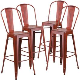 Emma + Oliver - Commercial Grade 4 Pack 30" High Distressed Metal Indoor-Outdoor Barstool with Back - Kelly Red