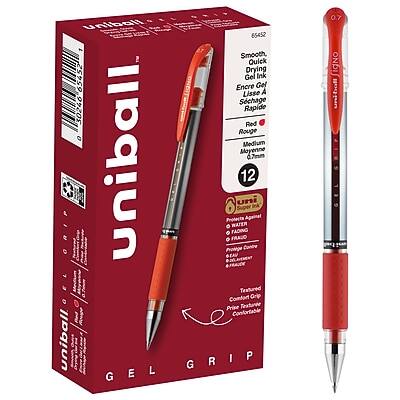 Uniball Gel Grip  
Smooth, Quick Drying Gel Ink  
Encre Gel Lisse A Schage  
Red Rouge  
Medium Moyenne  
0.7mm  
12 uni  

Super Protects Against:  
- WATER  
- FADING  
- FRAJO  

Features:  
- Comfort Grip  
- Textured Comfortable Grip  
- Protects Against:  
  - WATER  
  - FADING  
  - FRAJO  

Uniball  
GEL GRIP