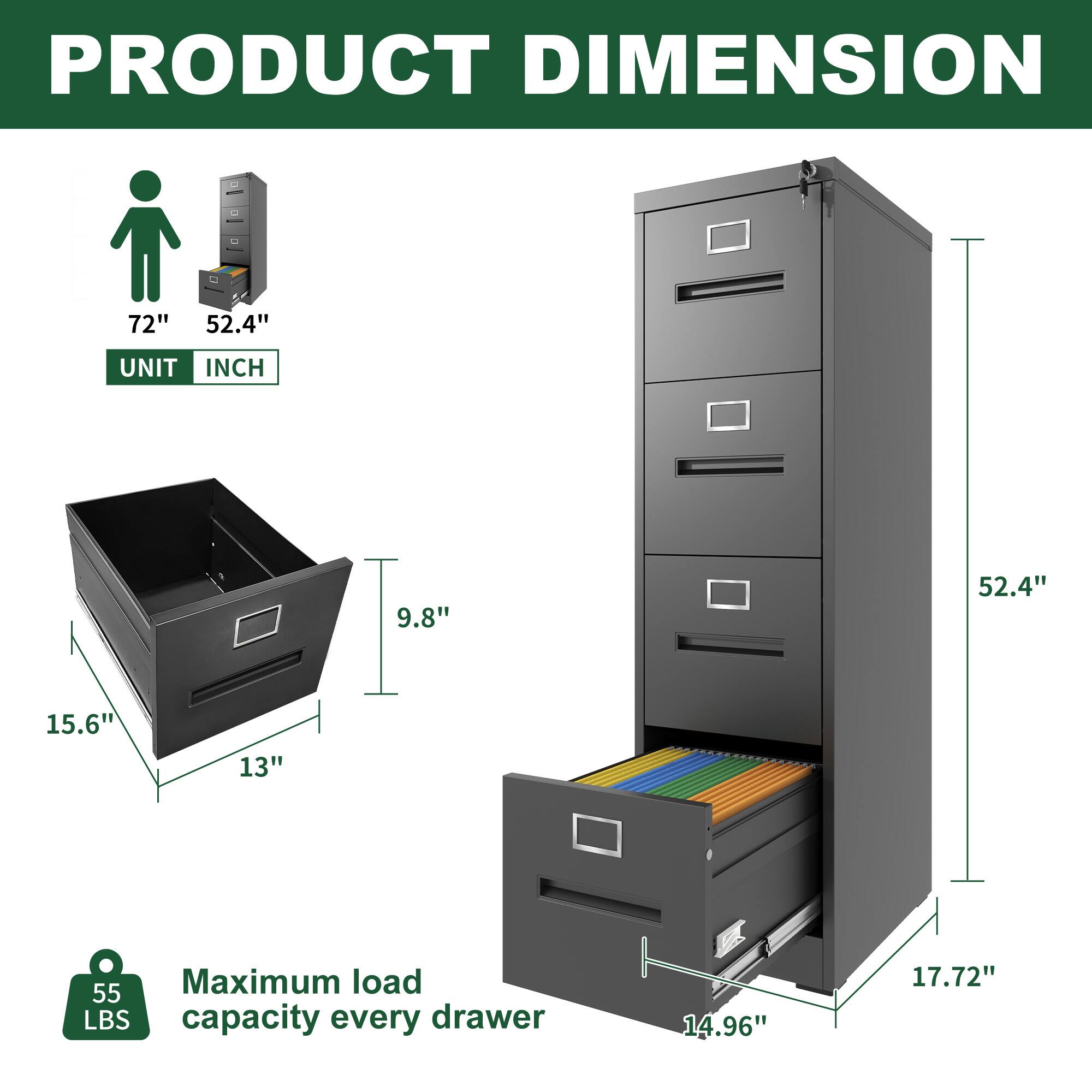 PRODUCT DIMENSION

UNIT INCH

72" 52.4"

15.6" 13" 9.8"

52.4" 17.72" 14.96"

Maximum load capacity every drawer 55 LBS