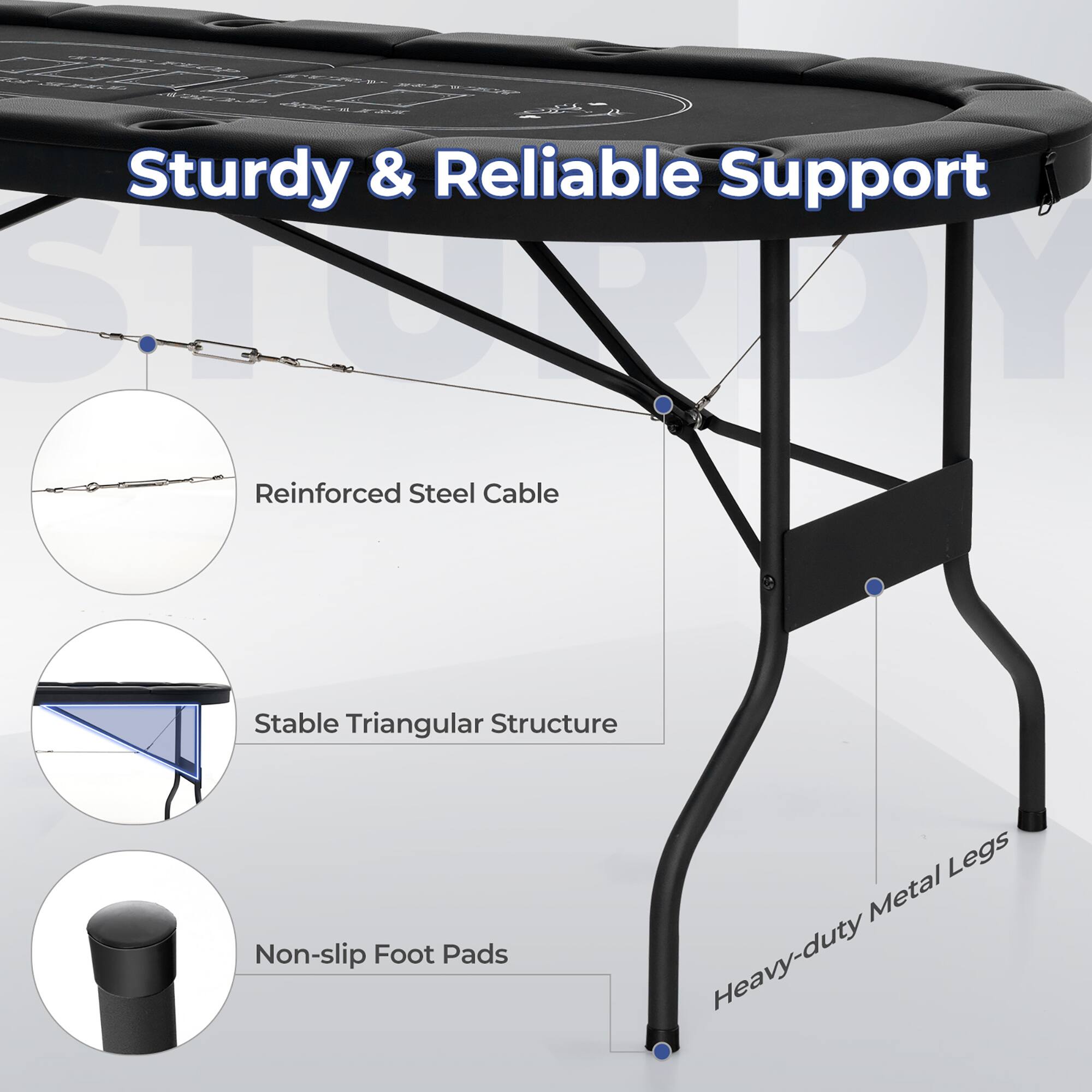 Sturdy & Reliable Support

- Reinforced Steel Cable
- Stable Triangular Structure
- Non-slip Foot Pads
- Heavy-duty Metal Legs