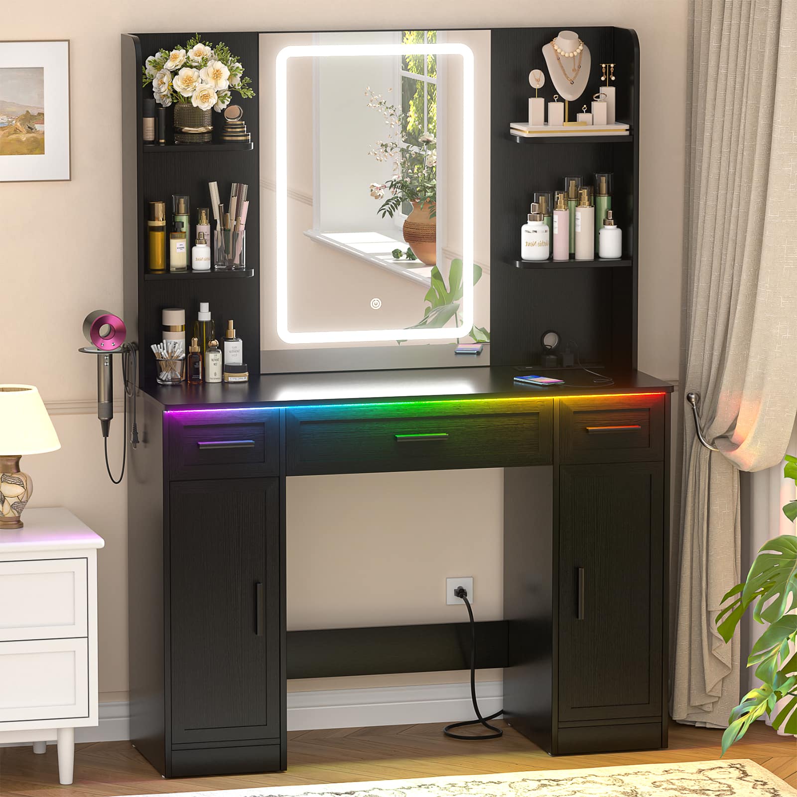 Aheaplus - Large Wooden Makeup Vanity Desk with Mirror and Lights, Dressing Table with Drawers and Cabinets - Black