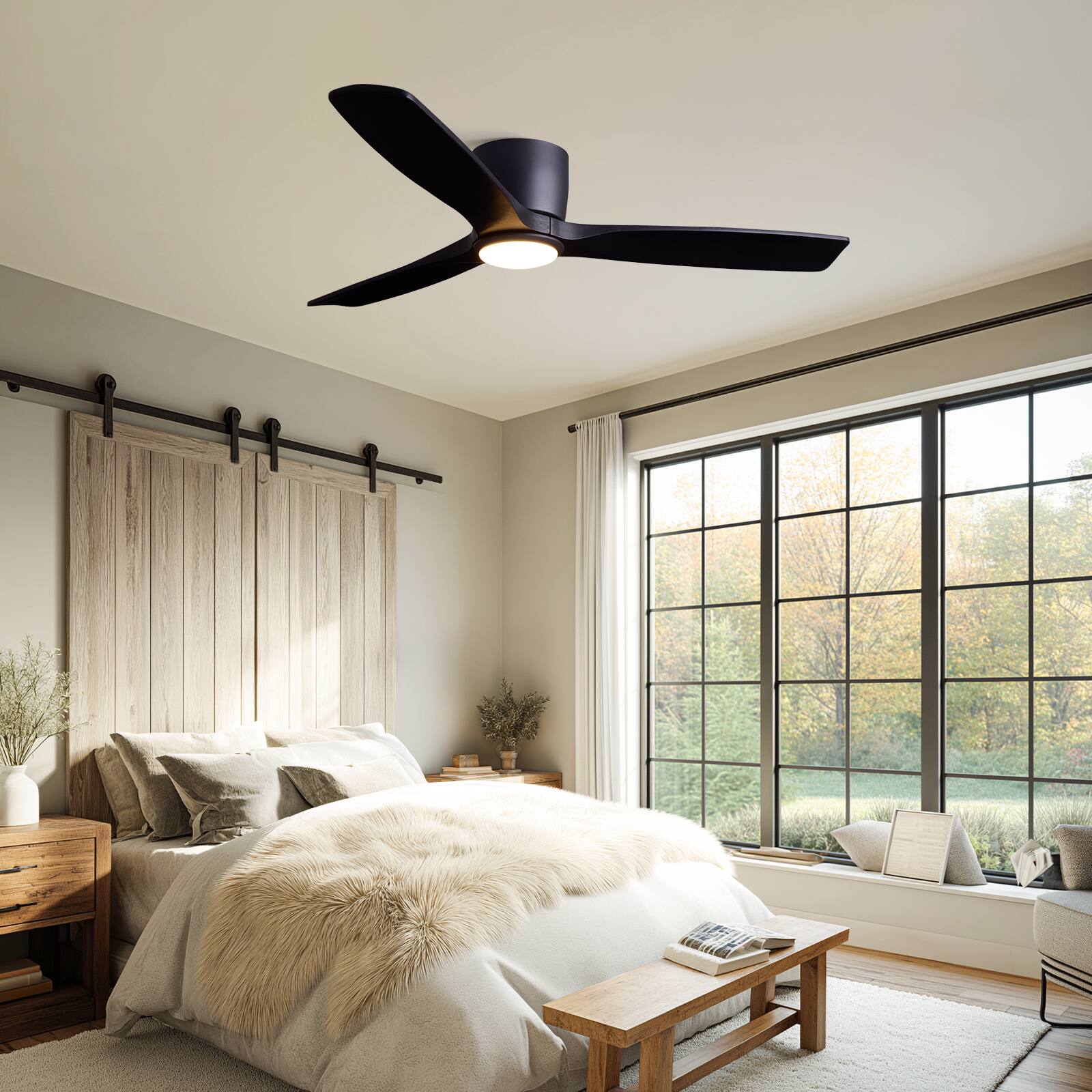 Left. Siljoy - 52 Inch Matte Black Low Profile Flush Mount Ceiling Fan With LED Light 3 Solid Wood Blades For Bedroom Living Room - Matte Black.