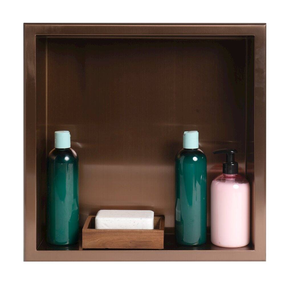 Back. Alfi - 16" x 16" Brushed Copper PVD Steel Square Single Shelf Shower Niche - Brown.