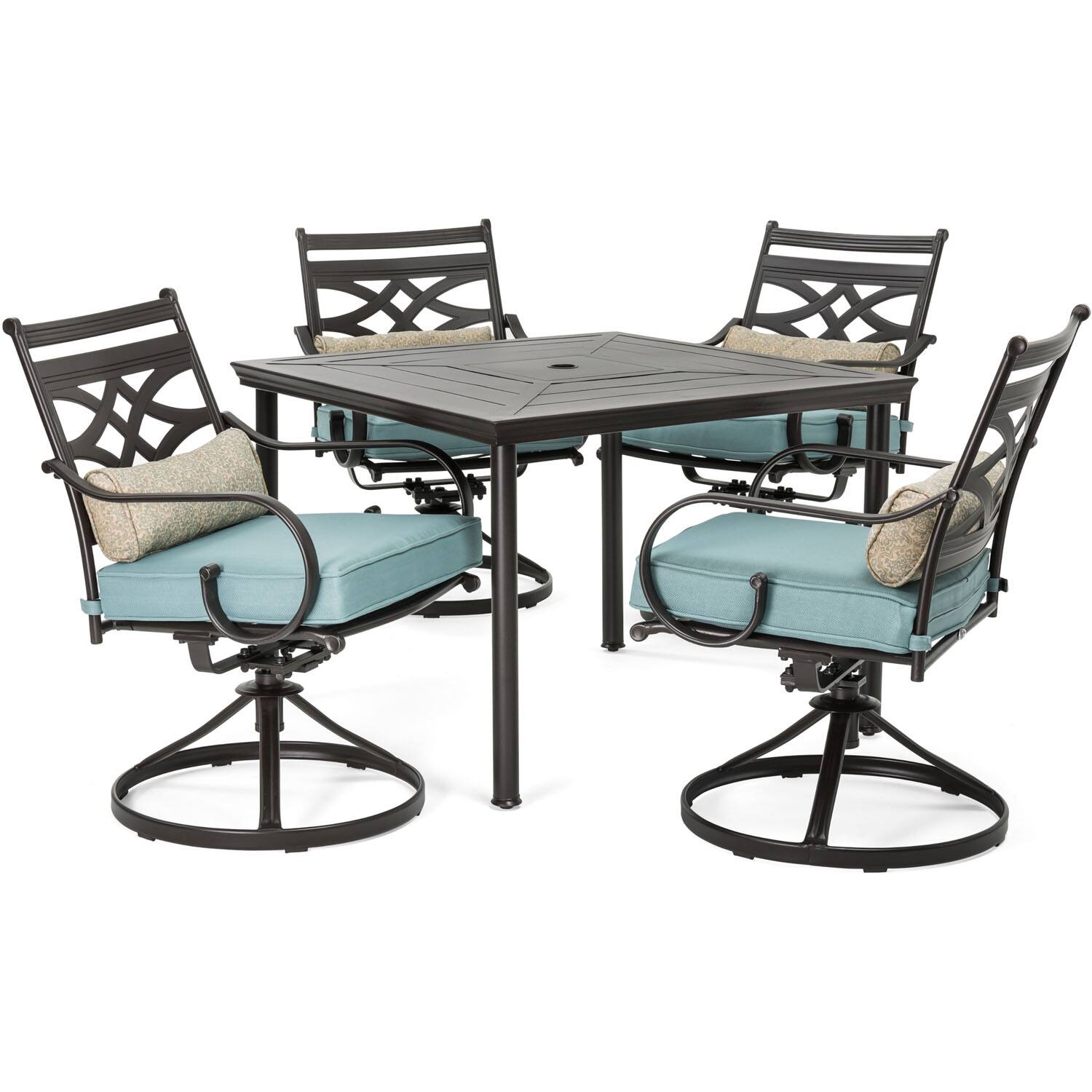 Front. Hanover - Montclair 5-Piece Patio Dining Set with 4 Swivel Rockers and a 40-Inch Square Table - Ocean Blue/Brown.